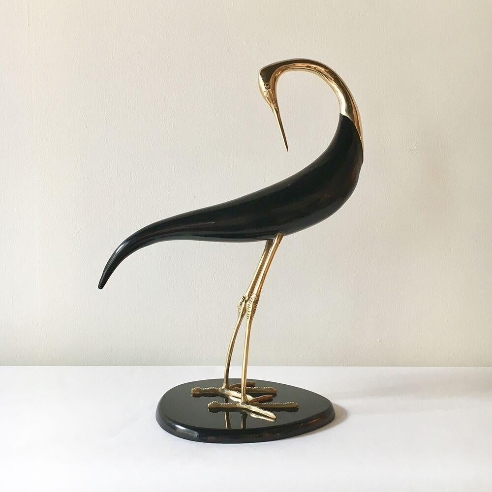 Late 20th Century Pair of Brass and Ebonized Wood Bird Table Sculptures, 1970s