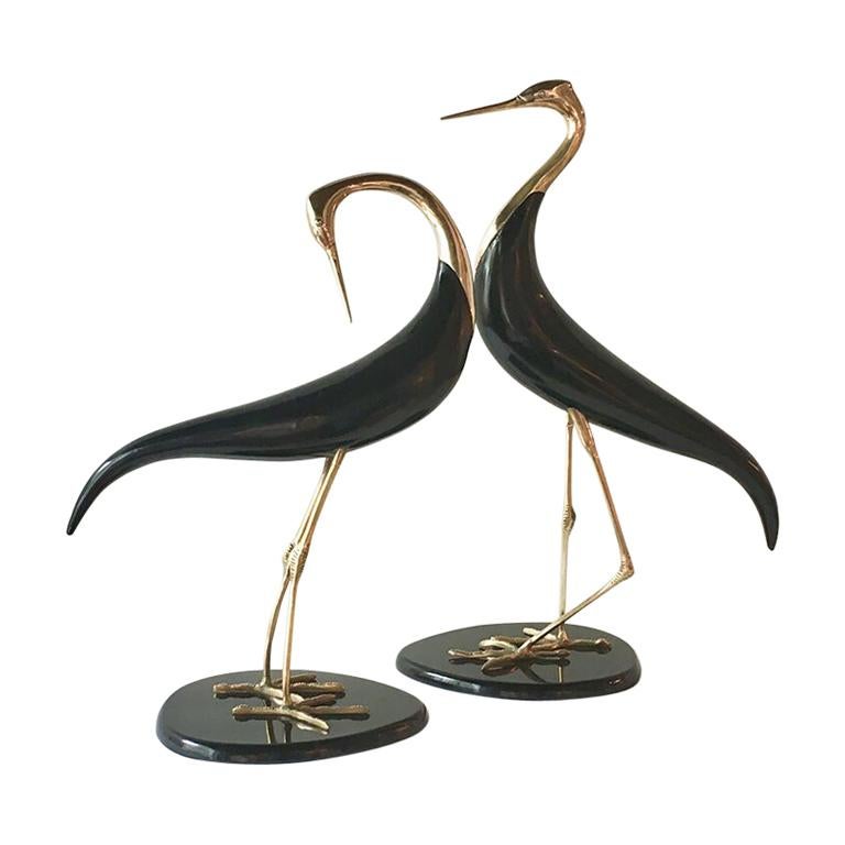 Pair of Brass and Ebonized Wood Bird Table Sculptures, 1970s