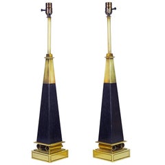 Vintage Pair of Brass and Ebonized Wood Obelisk Lamps by Tommi Parzinger for Stiffel