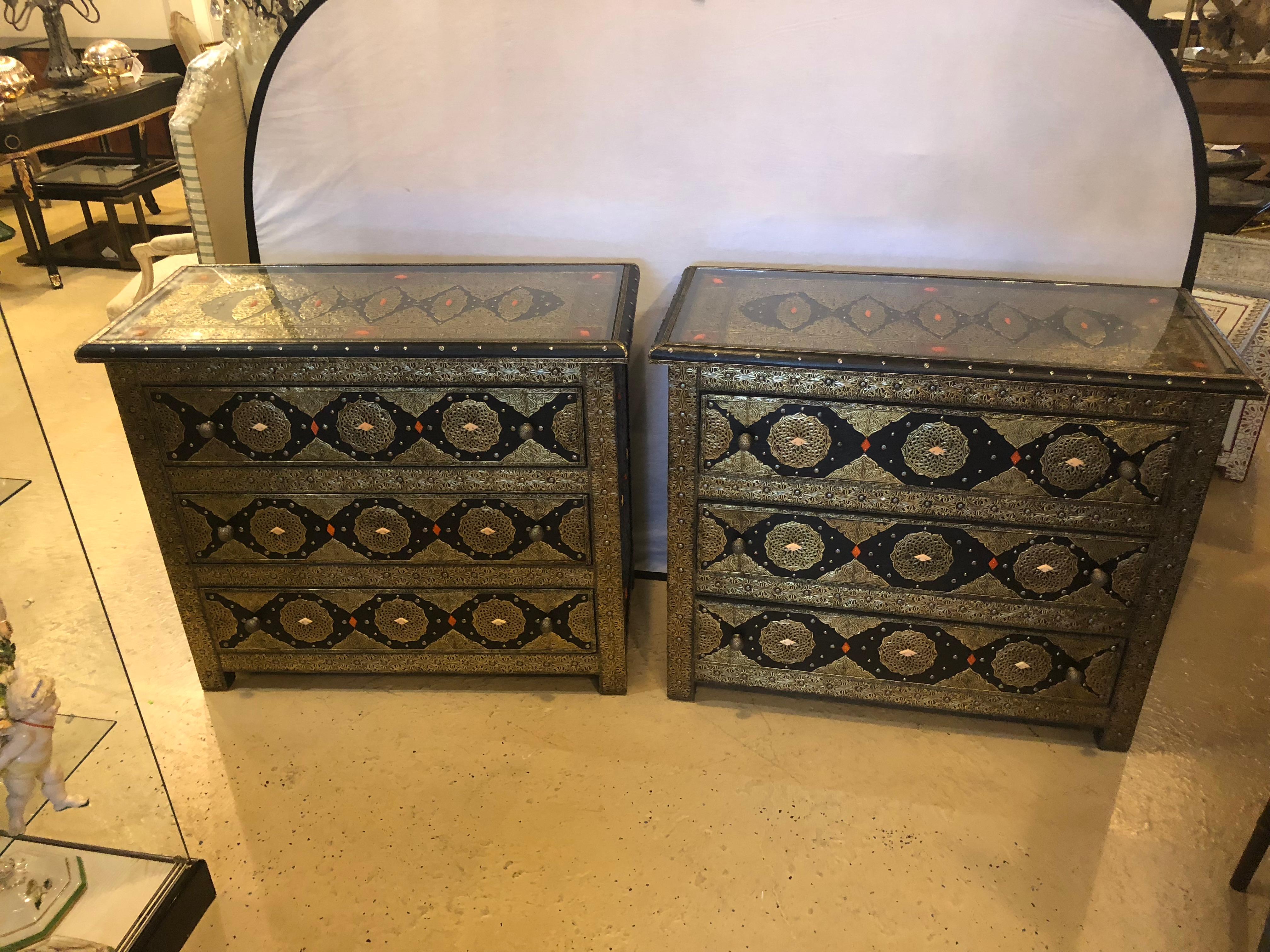 Moorish Pair of Brass and Ebony Camel Bone Inlaid Moroccan Commode or Nightstands