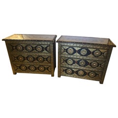 Pair of Brass and Ebony Camel Bone Inlaid Moroccan Commode or Nightstands
