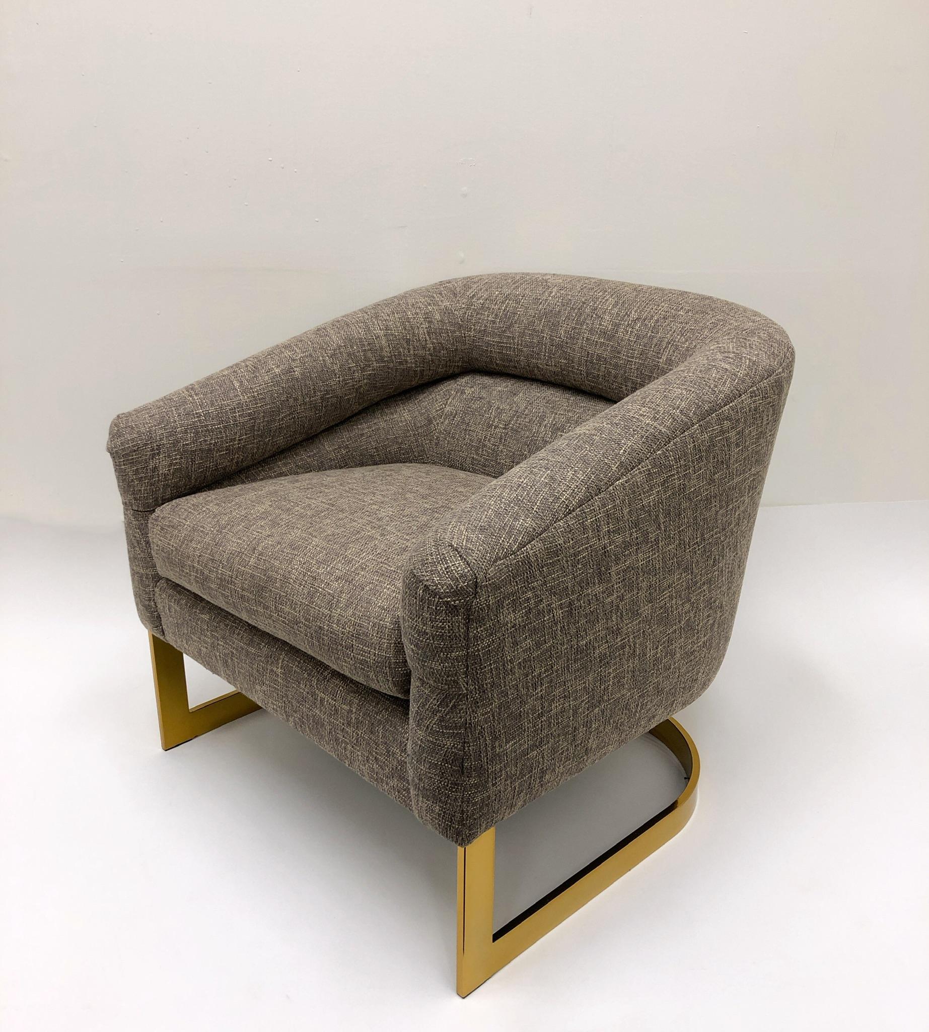 Modern Pair of Brass and Fabric Lounge Chairs by Milo Baughman