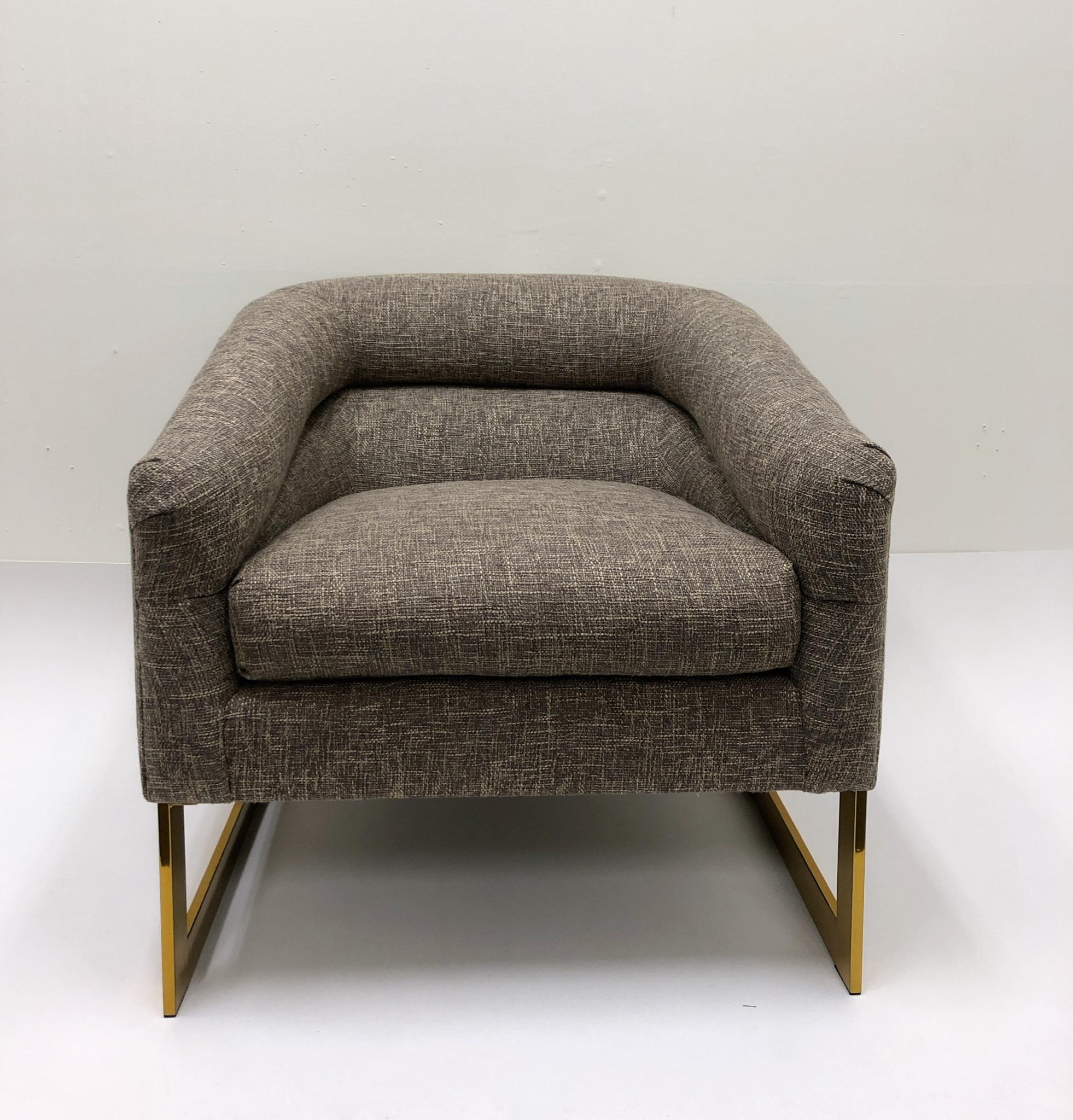 American Pair of Brass and Fabric Lounge Chairs by Milo Baughman