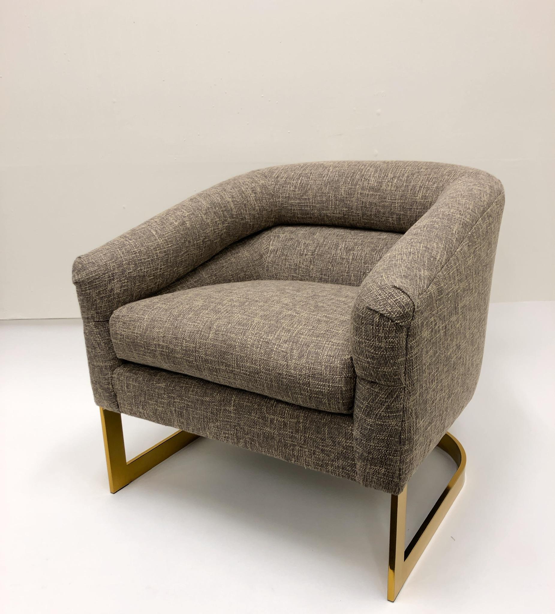 Pair of Brass and Fabric Lounge Chairs by Milo Baughman 2
