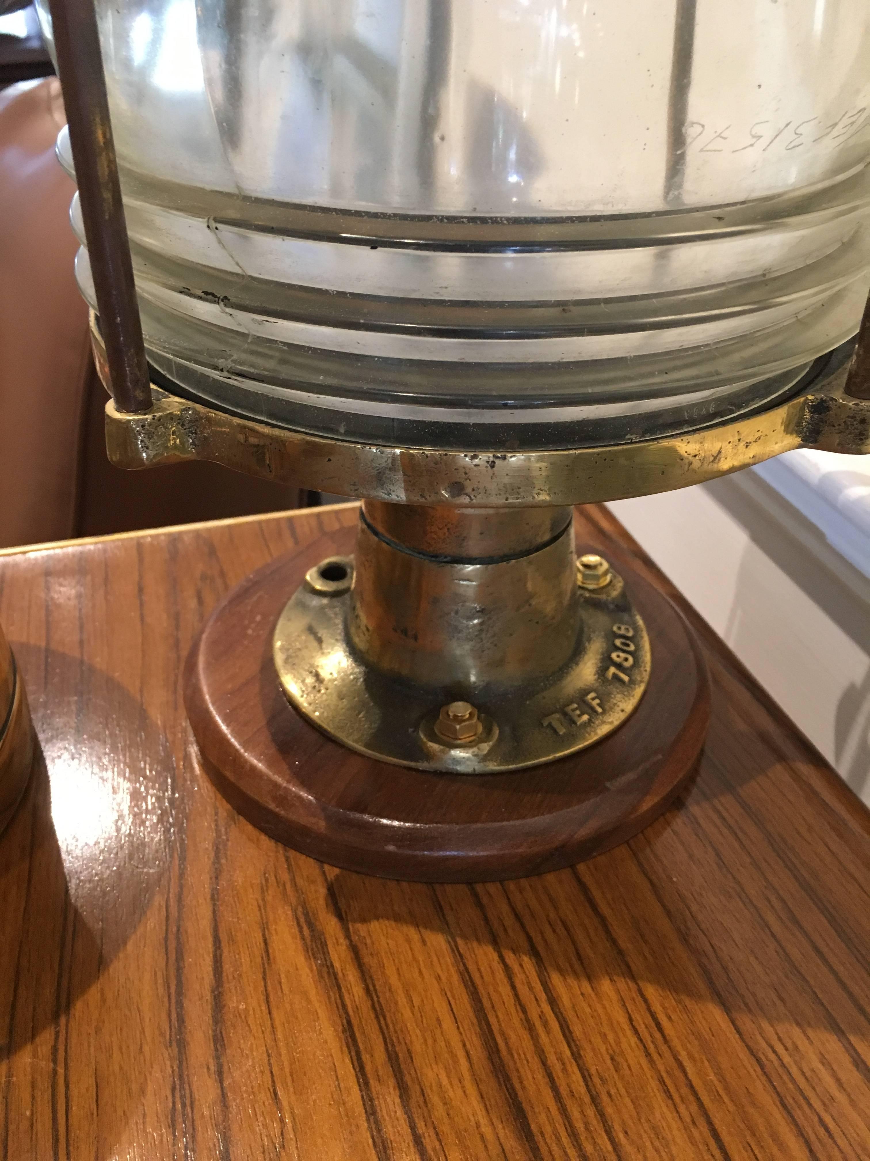 Industrial Pair of Brass and Fresnel Lens Nautical Navigation Lights, 1970s