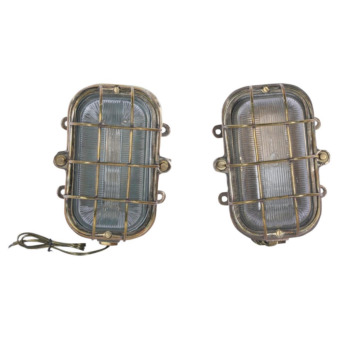 Pair of Brass and Fresnel Lens Ship's Passageway Lights, 1970's