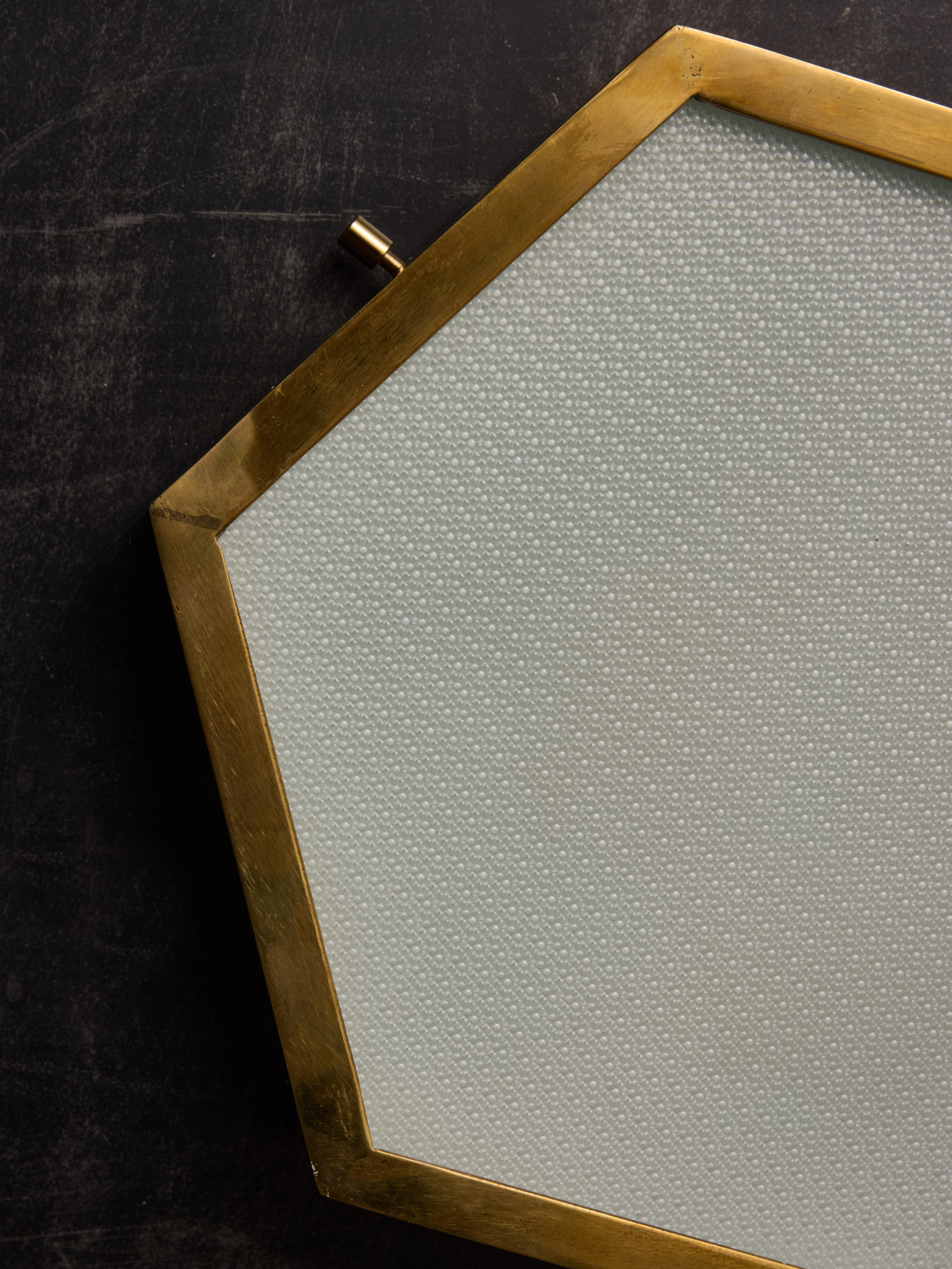Late 20th Century Pair of Brass and Frosted Glass Hexagonal Wall Sconces For Sale