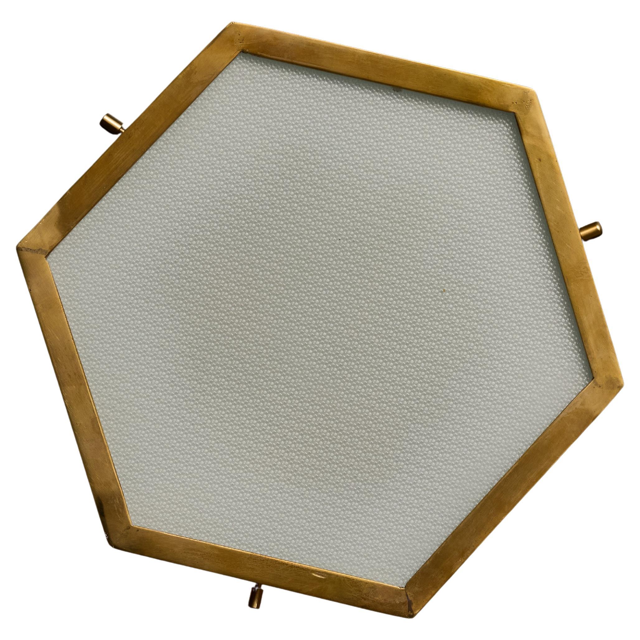Pair of Brass and Frosted Glass Hexagonal Wall Sconces For Sale