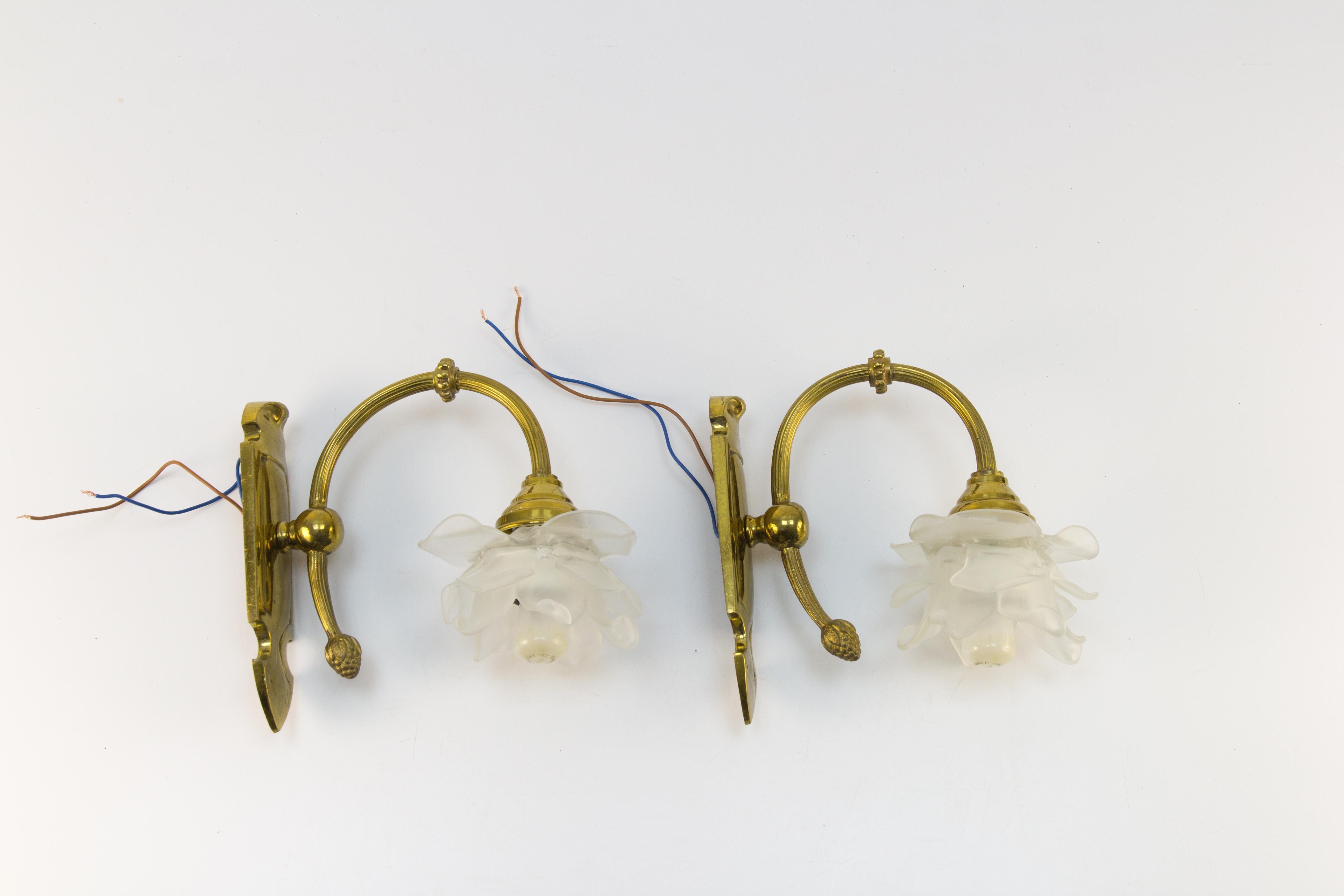 Pair of Brass and Frosted Glass Sconces 4