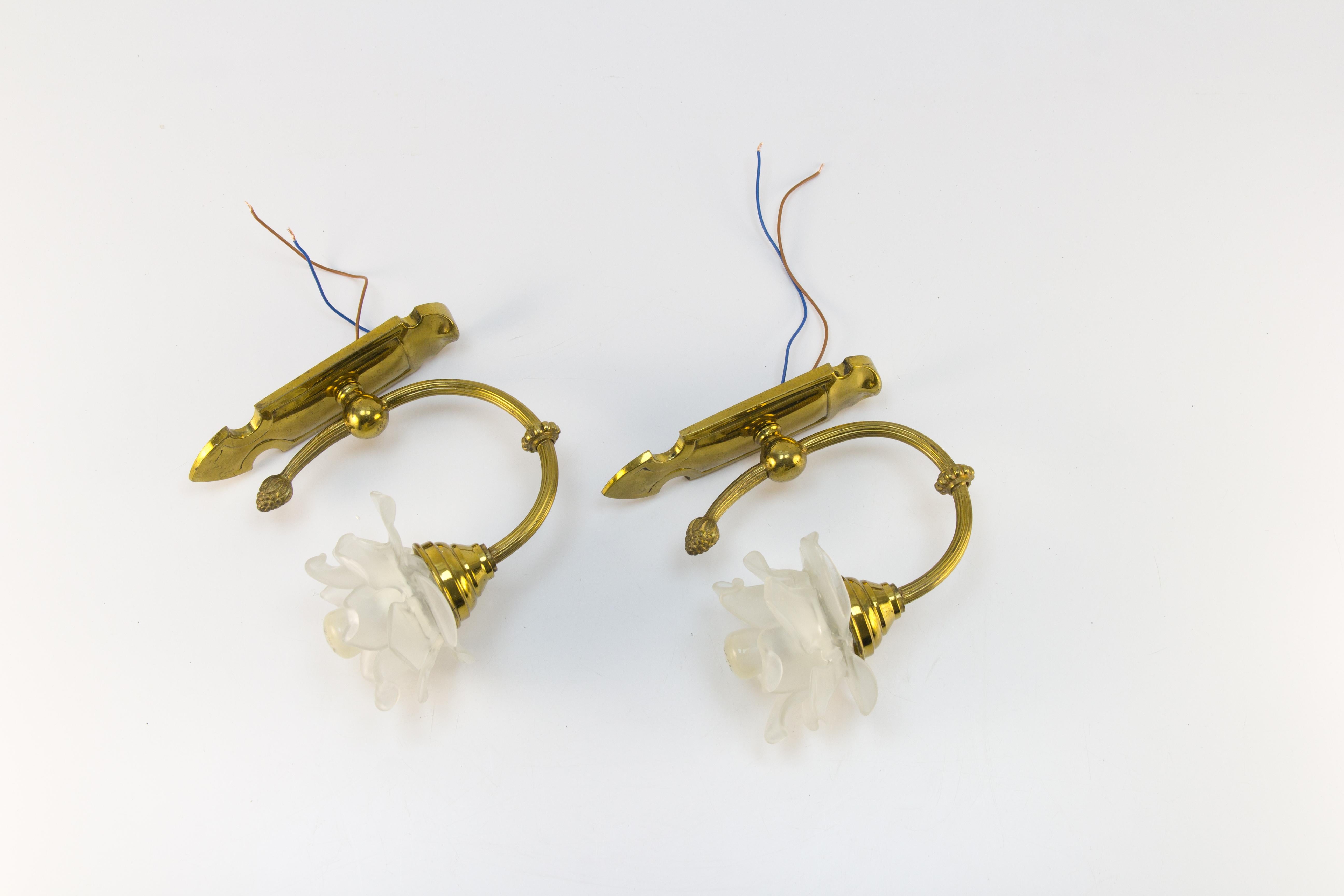 Pair of Brass and Frosted Glass Sconces 5