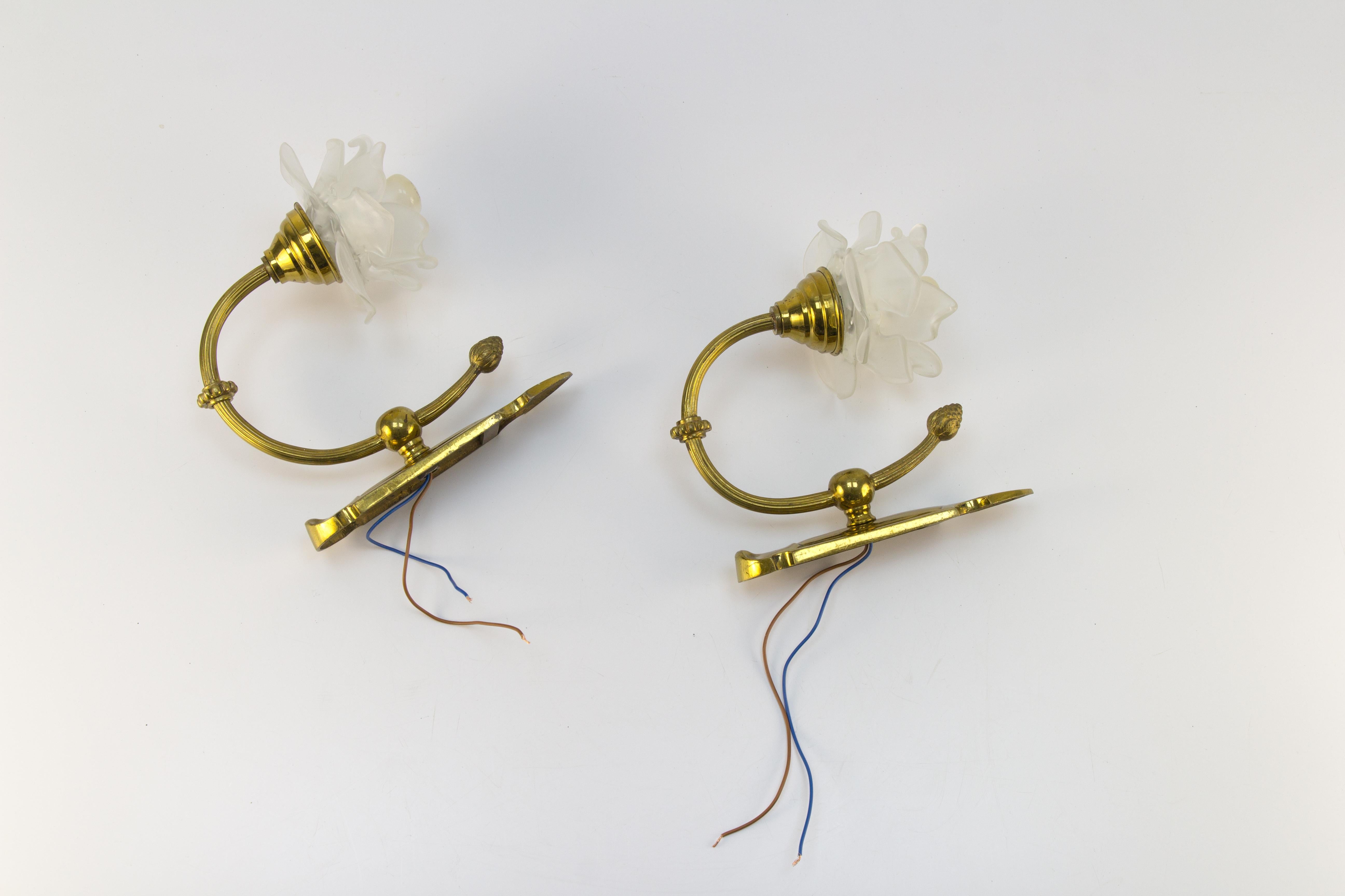 Pair of Brass and Frosted Glass Sconces 9