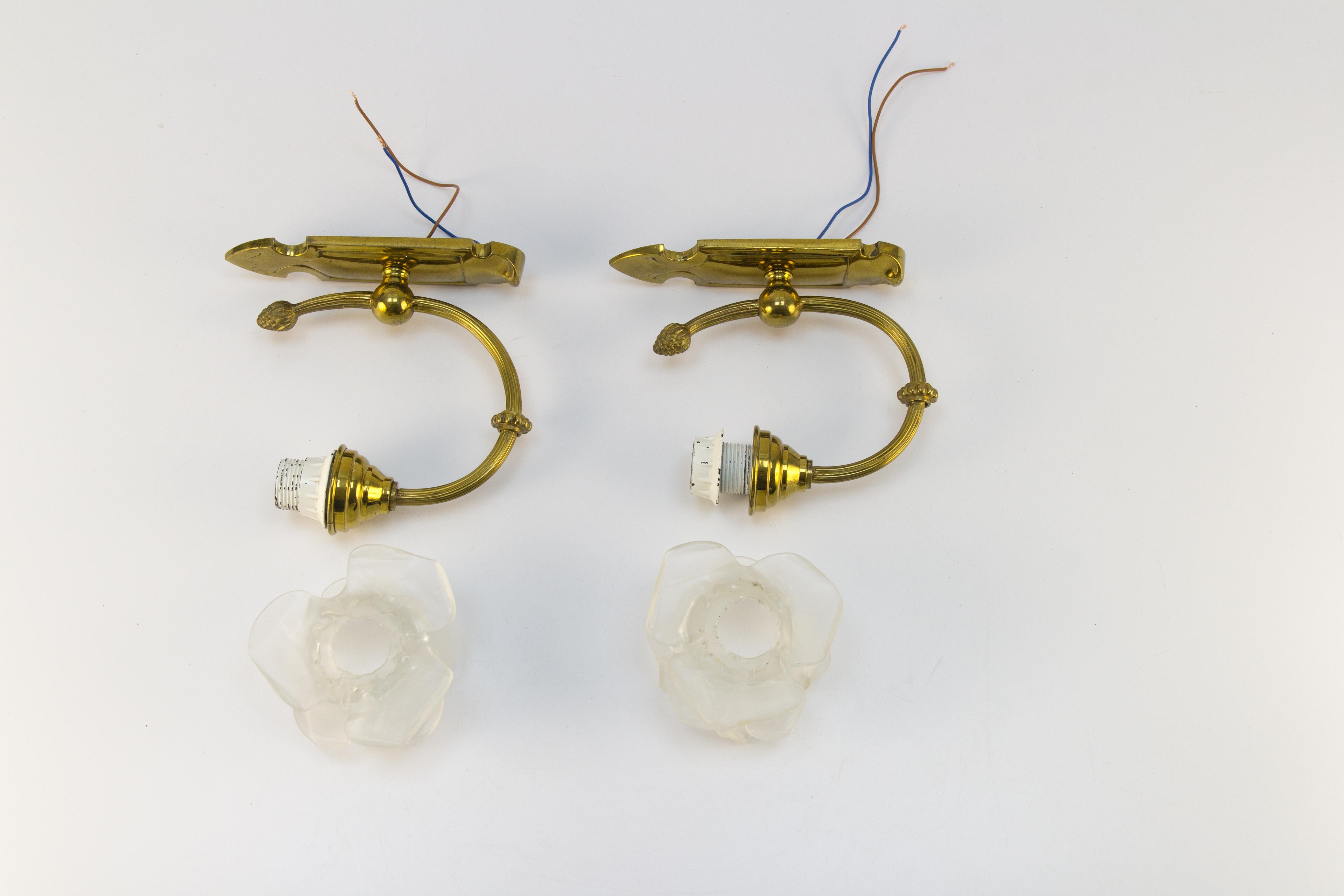Pair of Brass and Frosted Glass Sconces 14