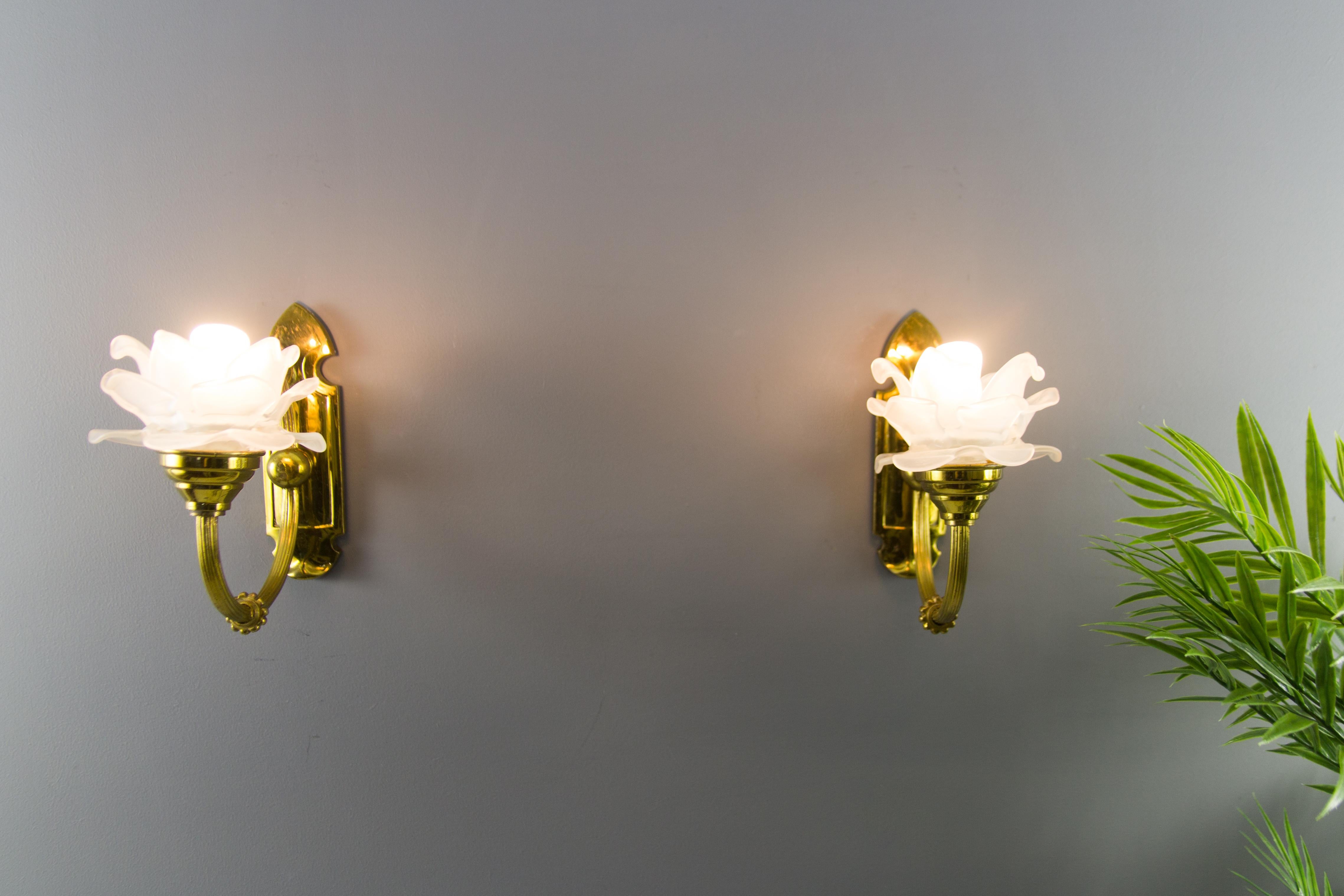 Art Nouveau Pair of Brass and Frosted Glass Sconces