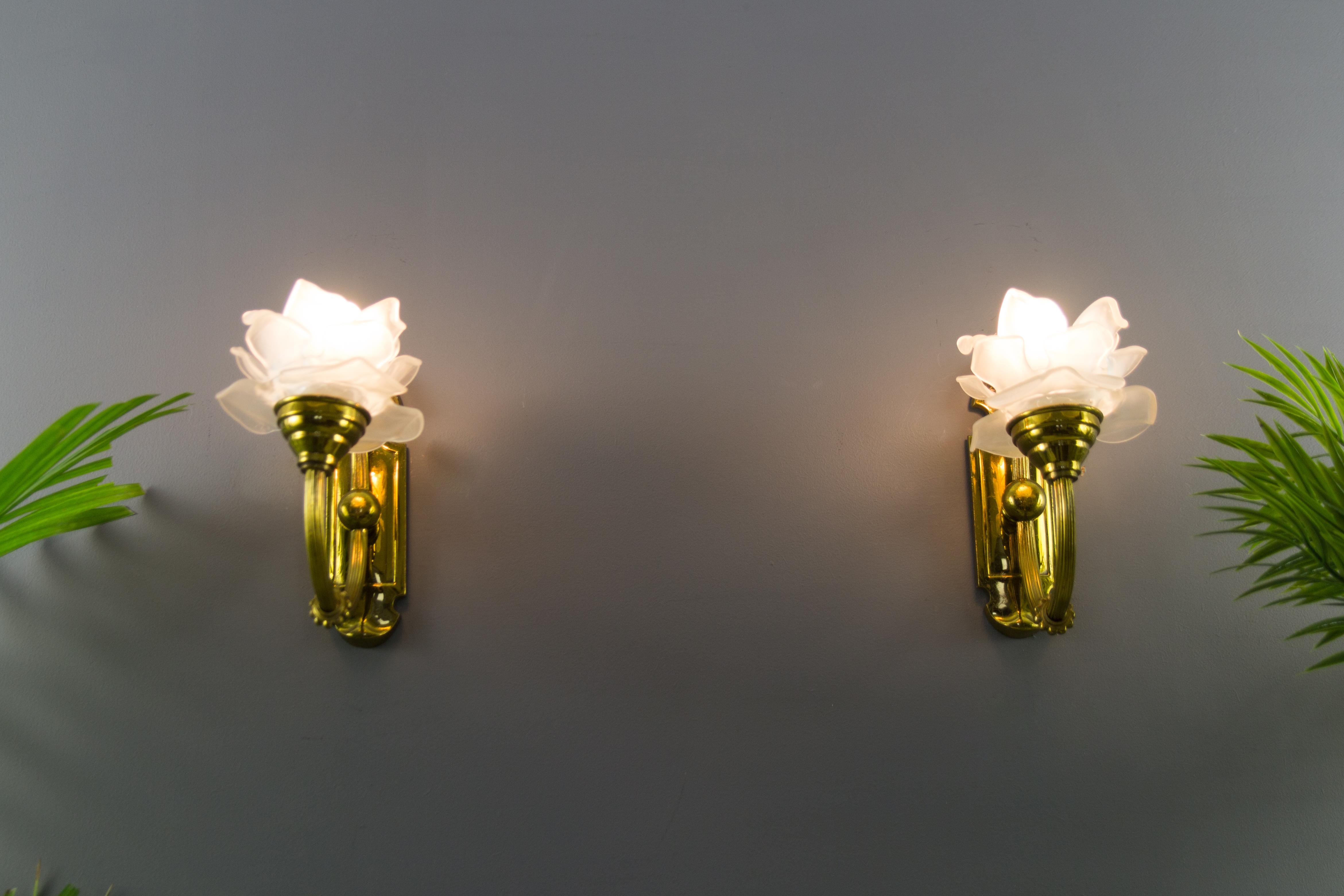 French Pair of Brass and Frosted Glass Sconces