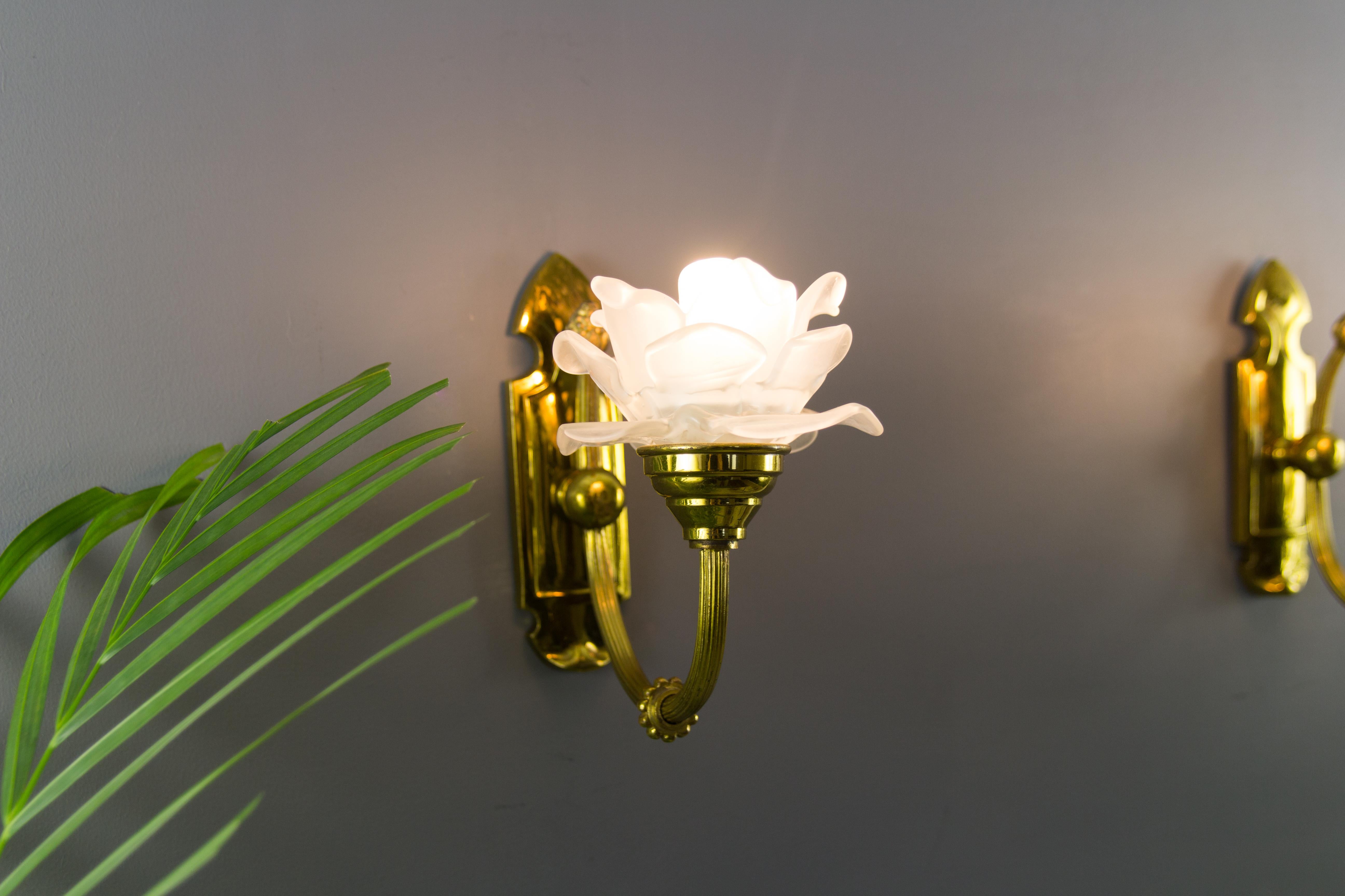 Pair of Brass and Frosted Glass Sconces In Good Condition In Barntrup, DE
