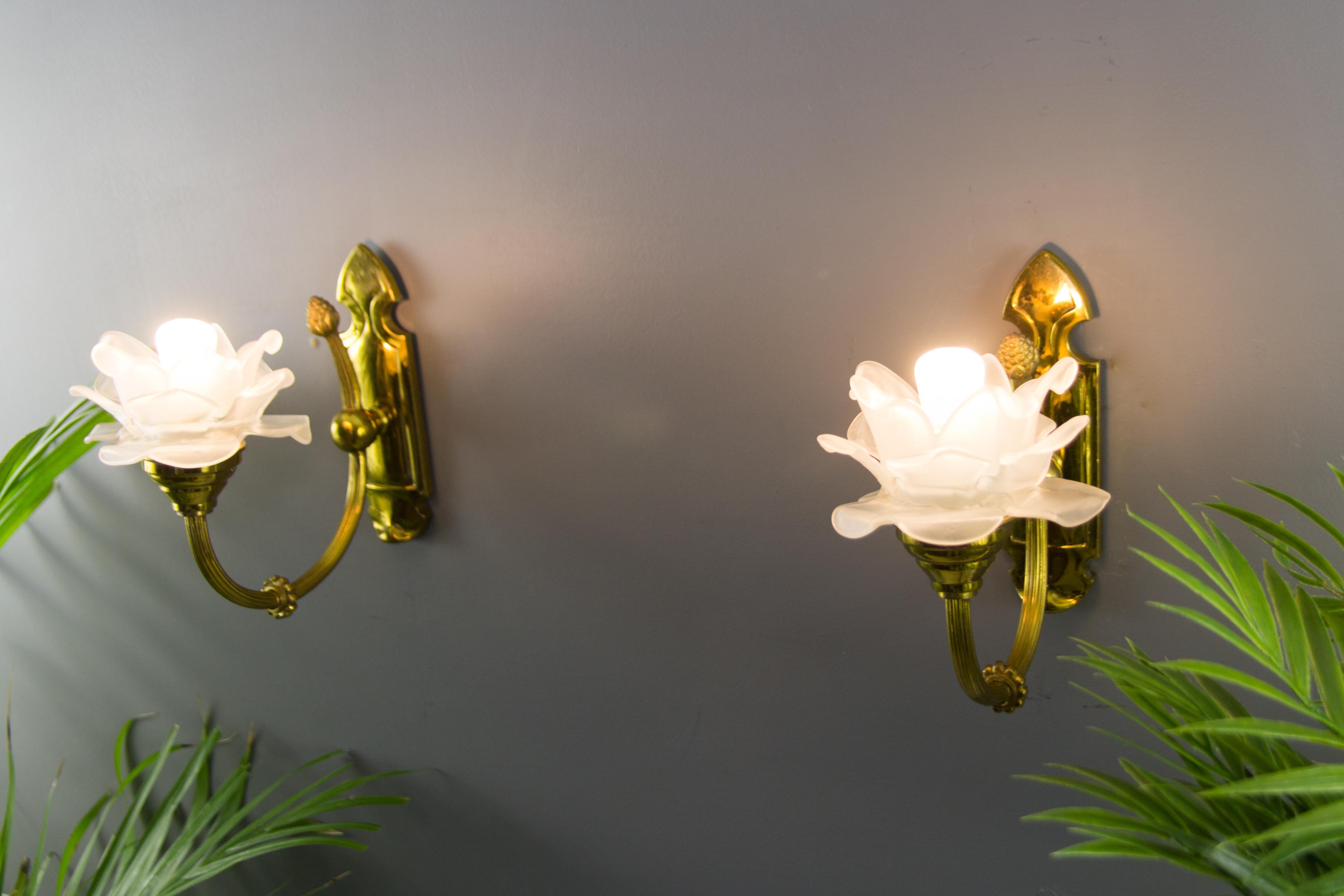 Pair of Brass and Frosted Glass Sconces 2