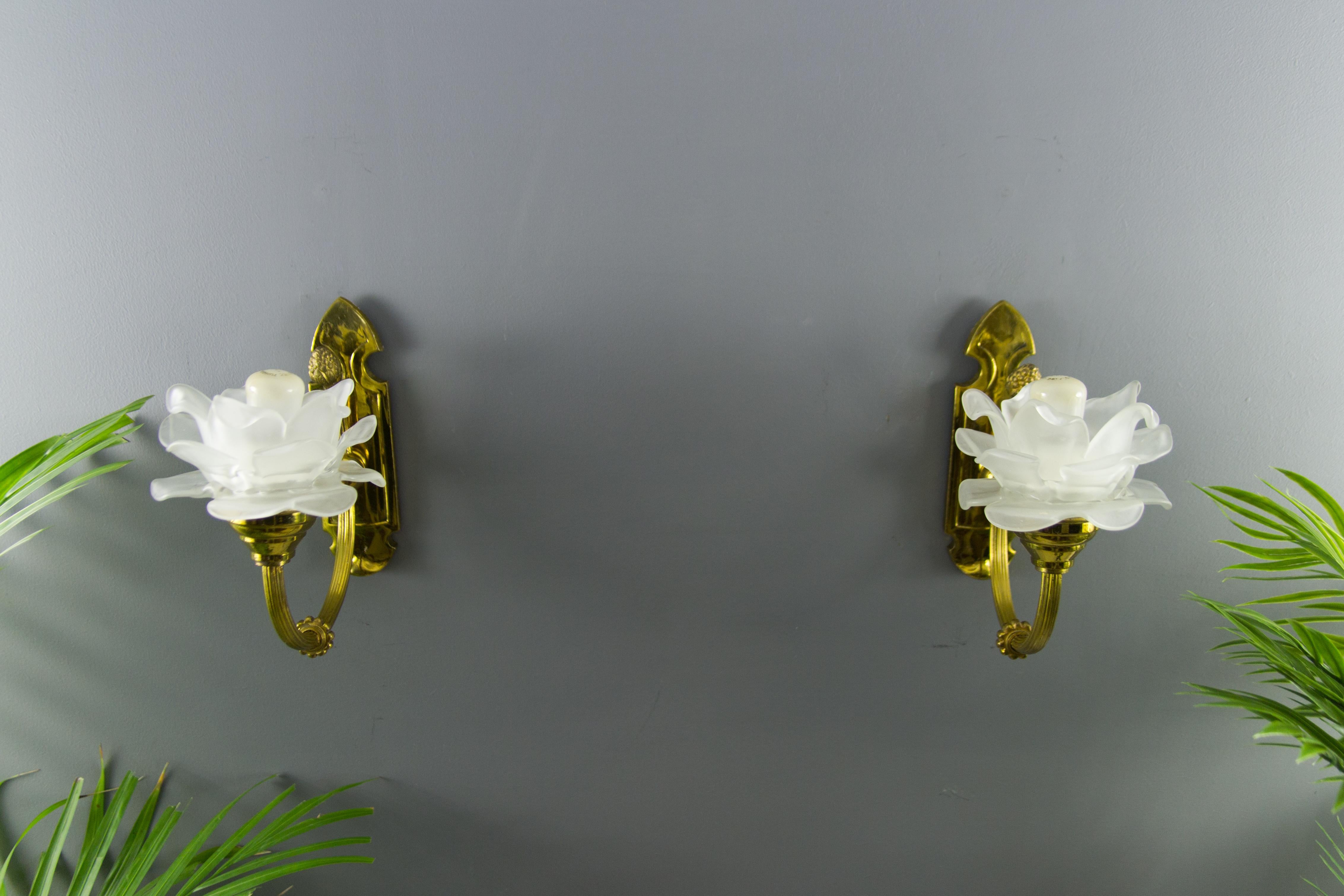 Pair of Brass and Frosted Glass Sconces 3