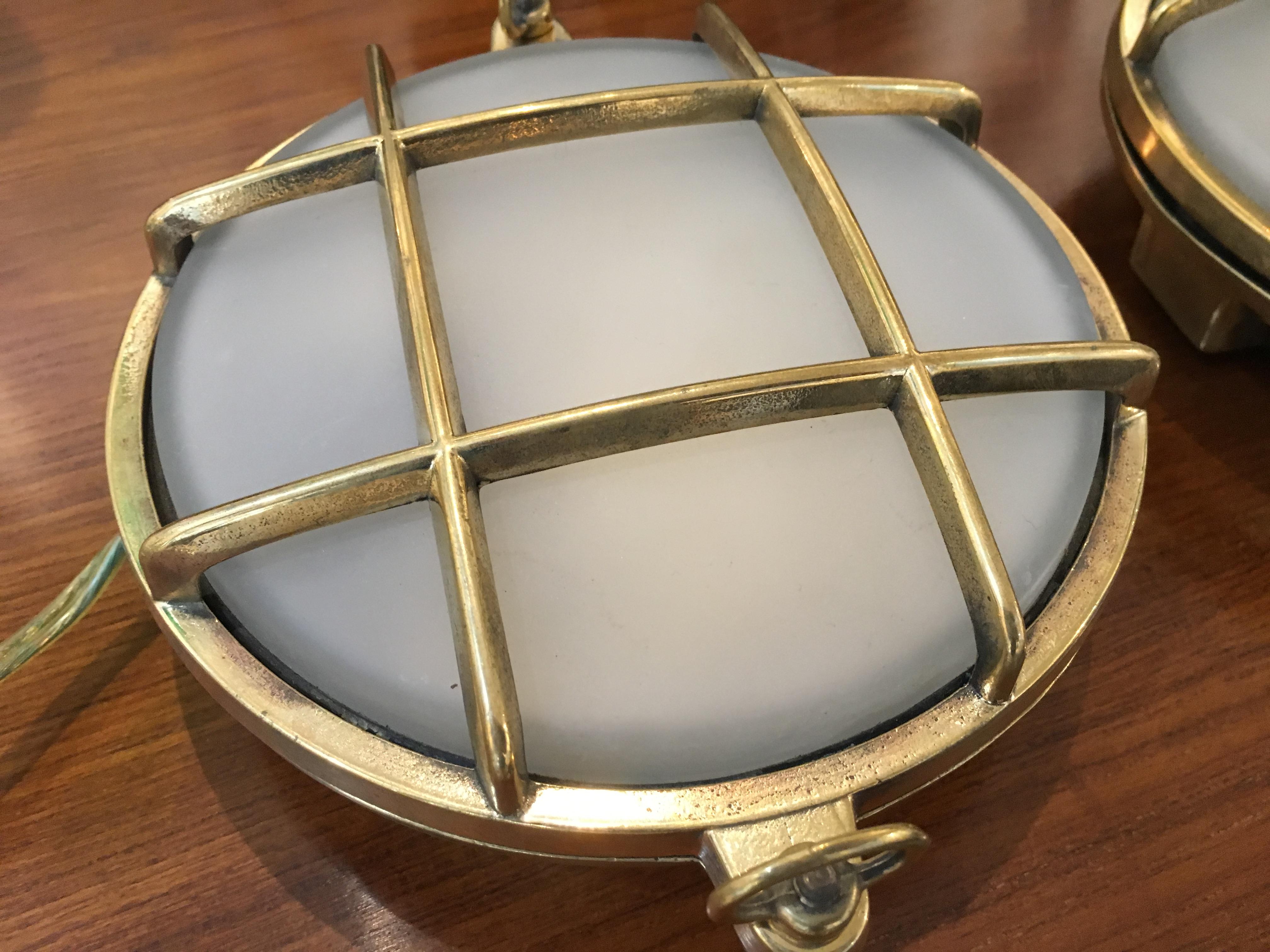 Industrial Pair of Nautical Brass and Frosted Glass Ship's Passageway Lights