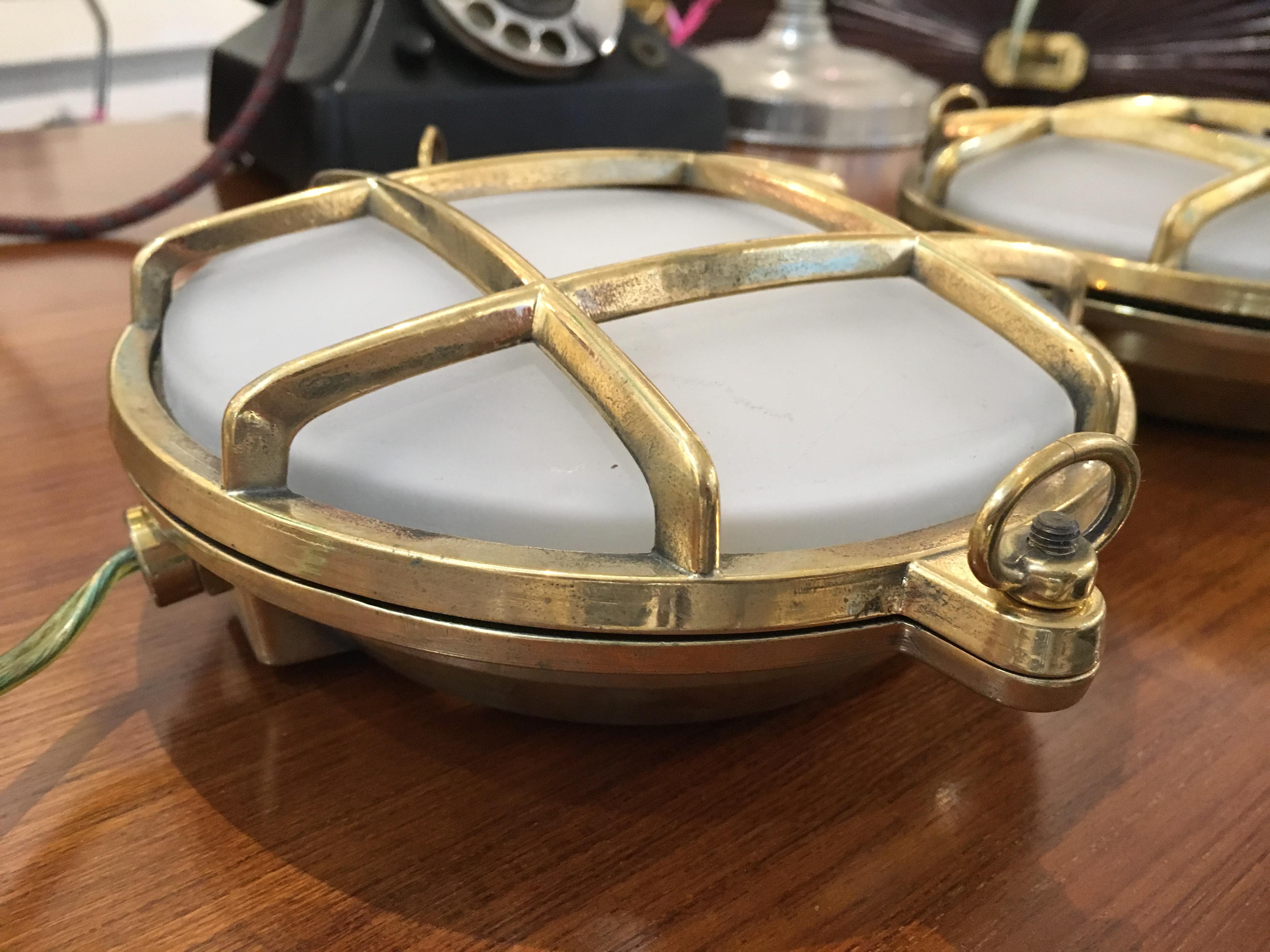 Pair of Nautical Brass and Frosted Glass Ship's Passageway Lights In Good Condition In Nantucket, MA
