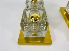 Pair of Brass and Frosted Ice Glass Cube Flush Mounts by Peill & Putzler, 1970s