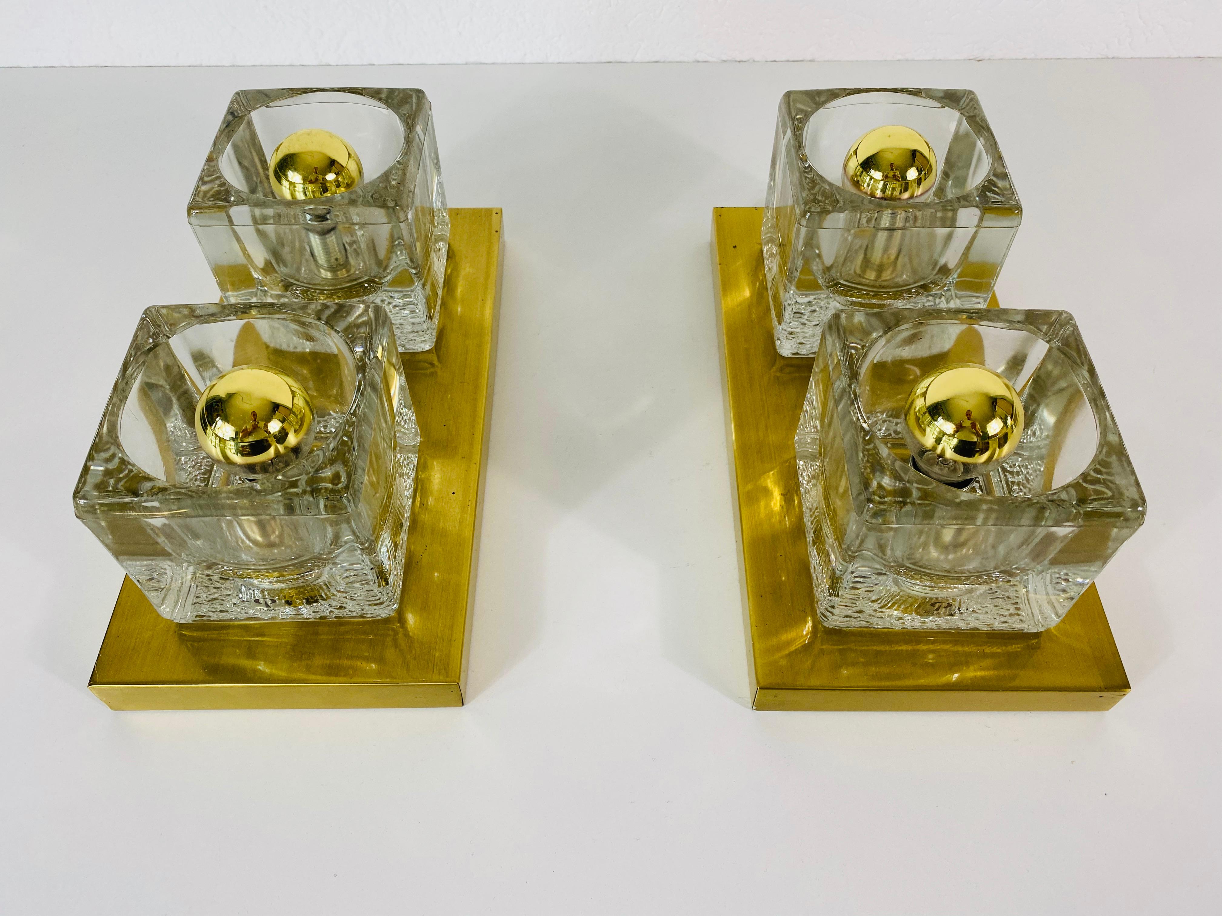 Mid-Century Modern Pair of Brass and Frosted Ice Glass Cube Flush Mounts by Peill & Putzler, 1970s For Sale