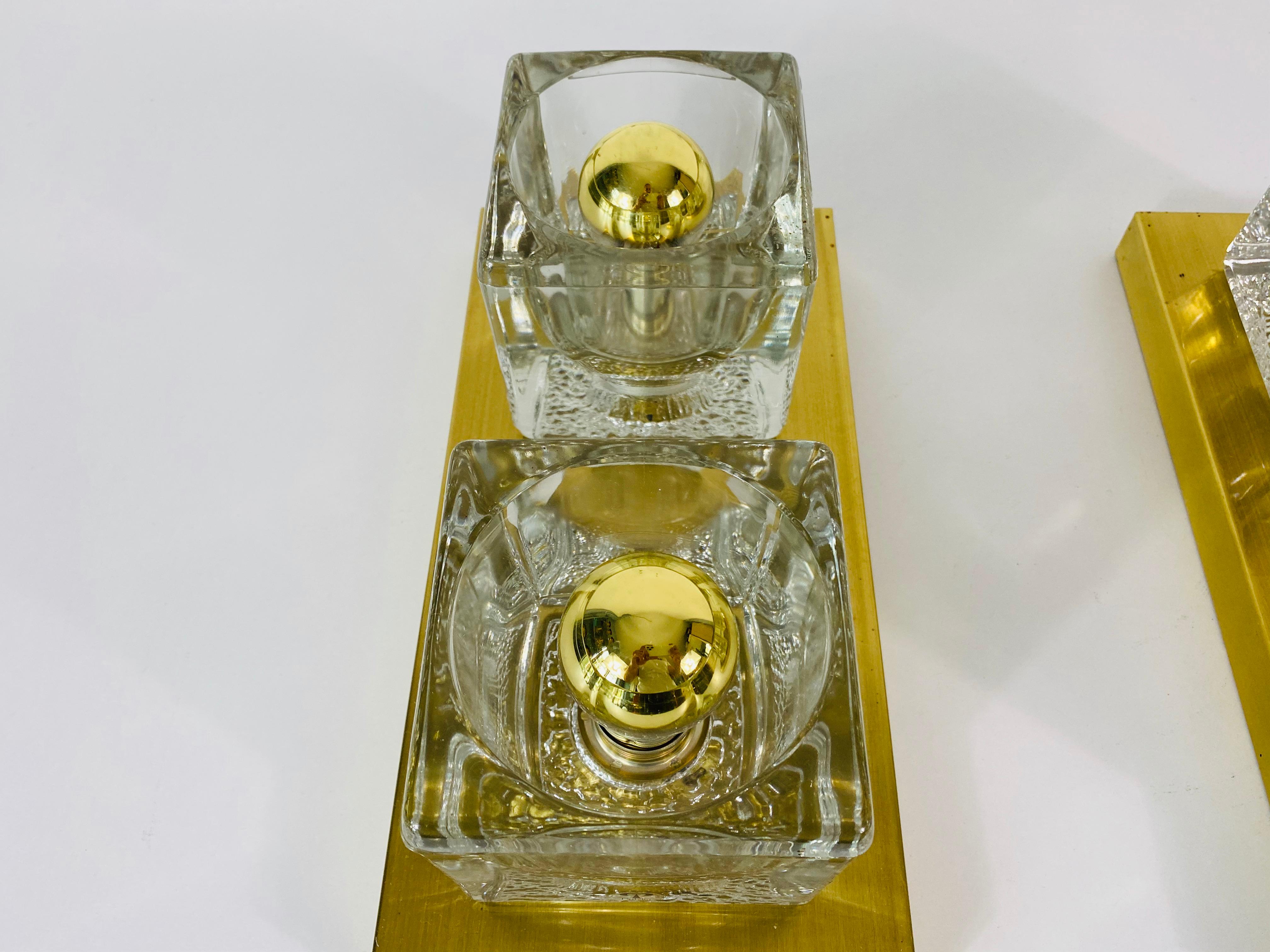 German Pair of Brass and Frosted Ice Glass Cube Flush Mounts by Peill & Putzler, 1970s For Sale