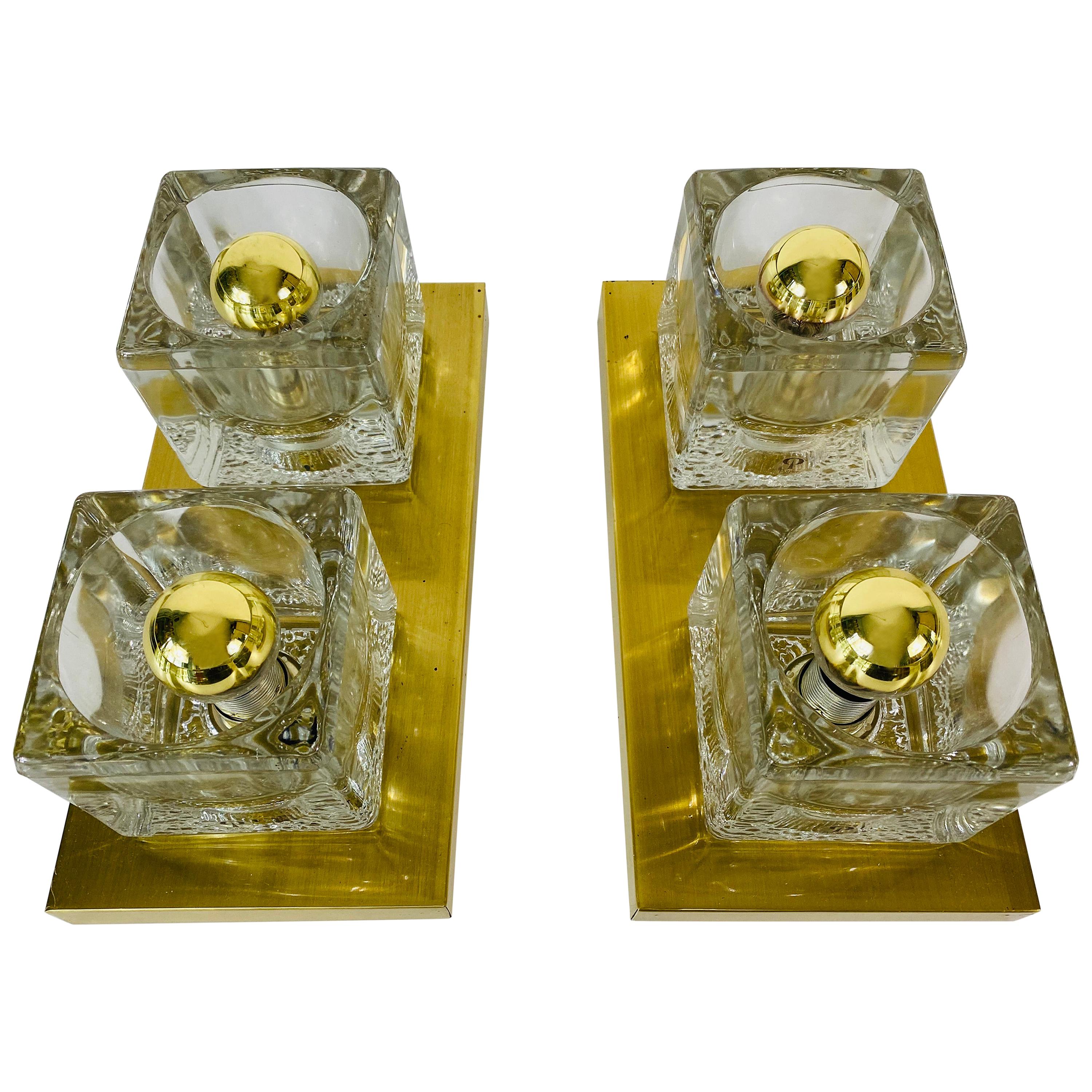 Pair of Brass and Frosted Ice Glass Cube Flush Mounts by Peill & Putzler, 1970s For Sale