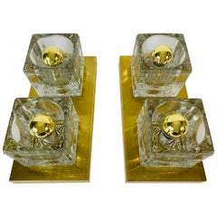 Pair of Brass and Frosted Ice Glass Cube Flush Mounts by Peill & Putzler, 1970s