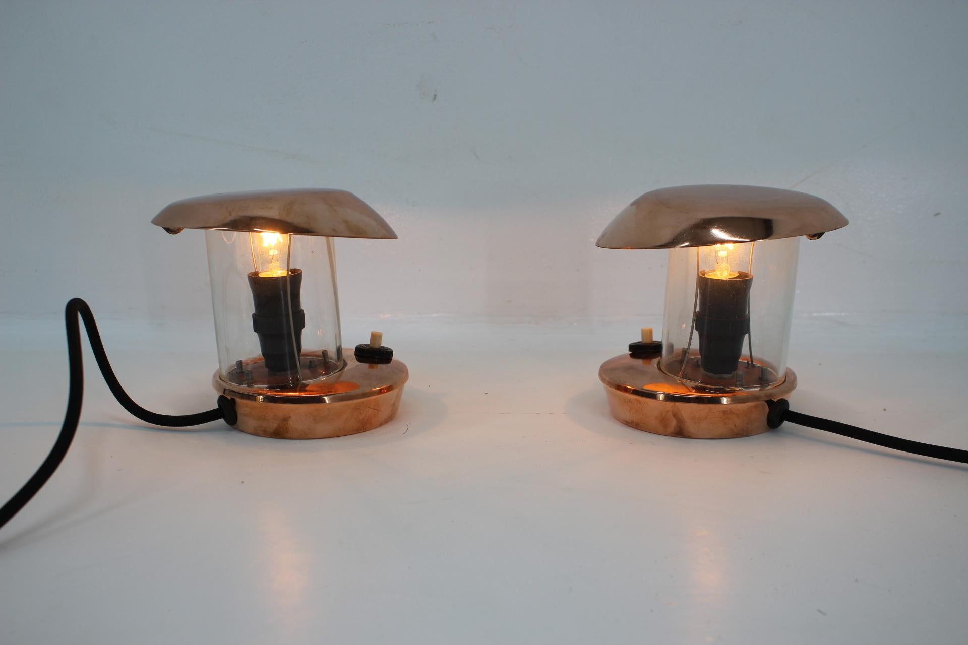 Czech Pair of Brass and Glass Bauhaus Table Lamps, 1940s For Sale