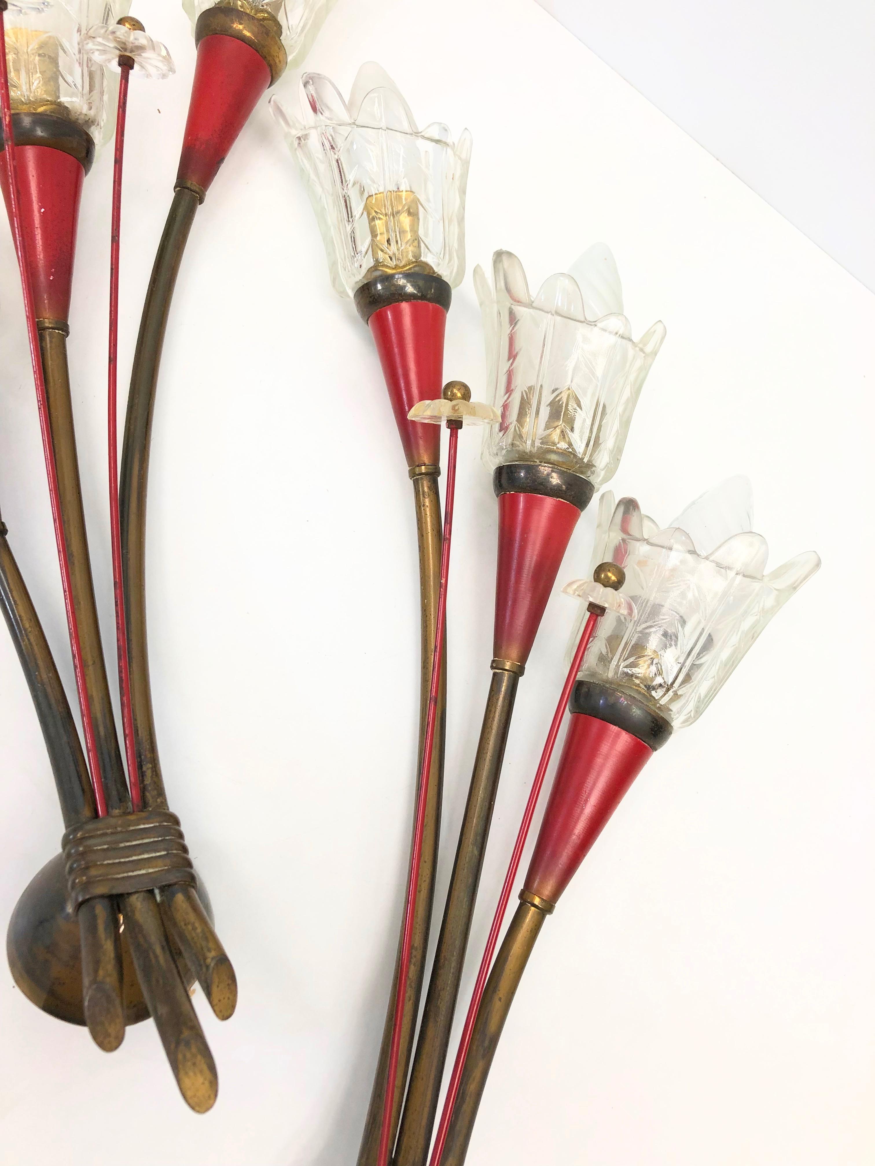 Mid-20th Century Pair of Brass and Glass Bouquet Wall Lights Maison Lunel, France, 1950s For Sale