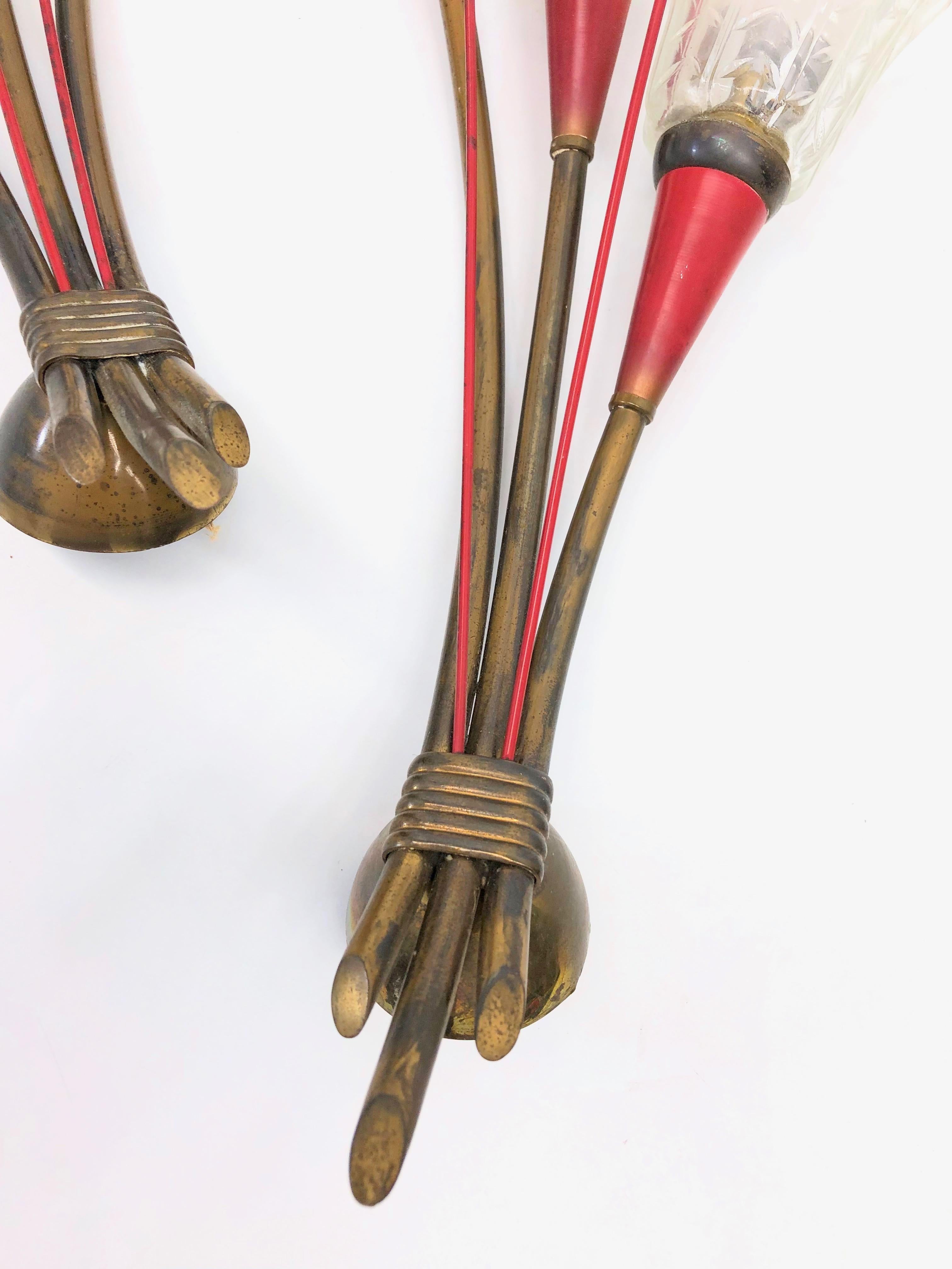 Metal Pair of Brass and Glass Bouquet Wall Lights Maison Lunel, France, 1950s For Sale