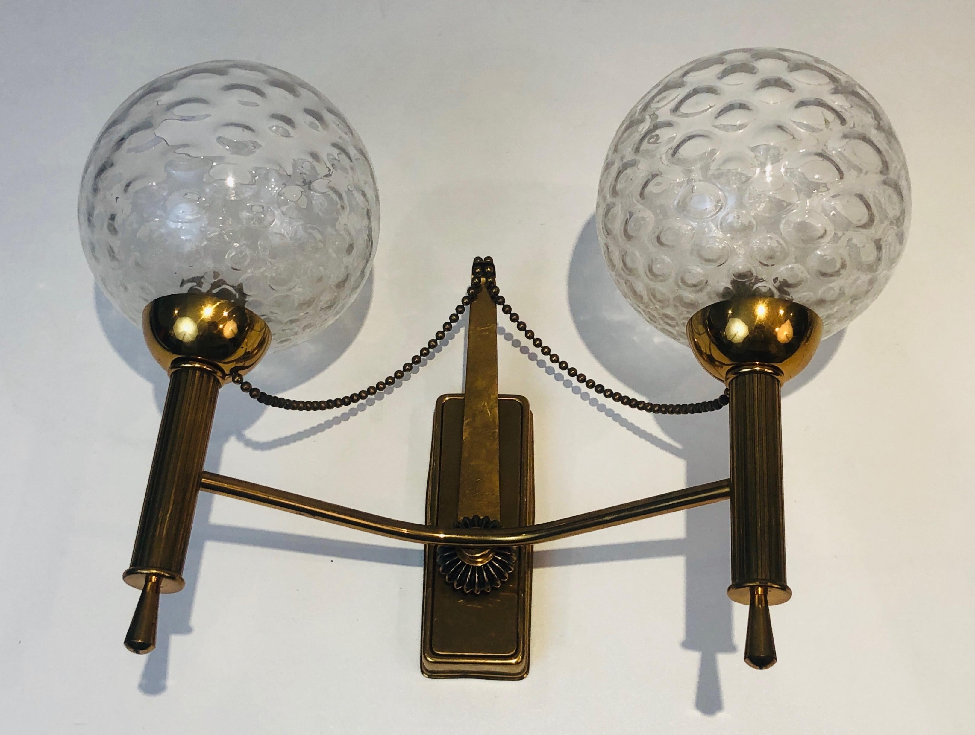 Pair of Brass and Glass Bowls Wall Sconces, French Work, Circa 1970 For Sale 5
