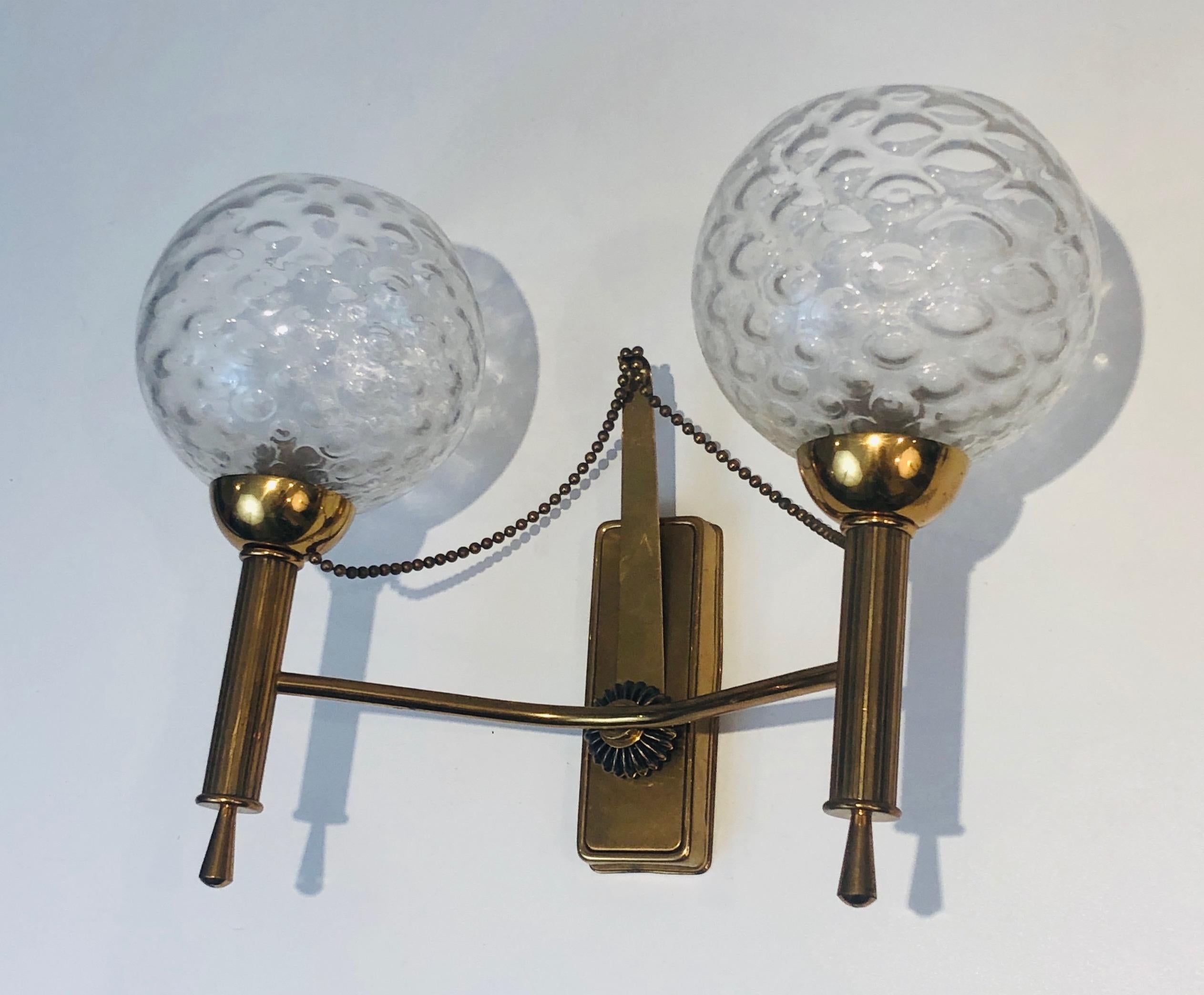 Pair of Brass and Glass Bowls Wall Sconces, French Work, Circa 1970 For Sale 7