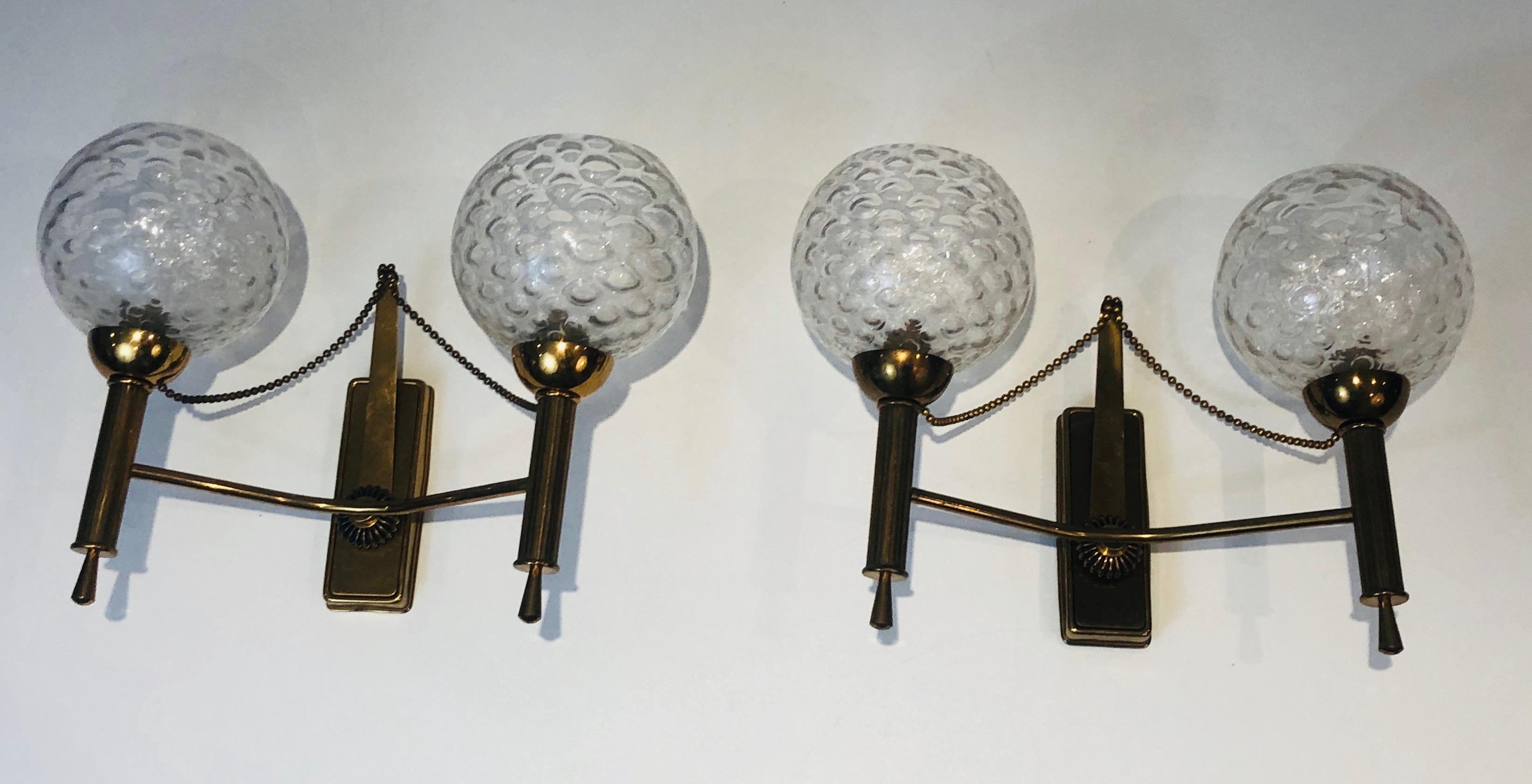 Pair of Brass and Glass Bowls Wall Sconces, French Work, Circa 1970 For Sale 8