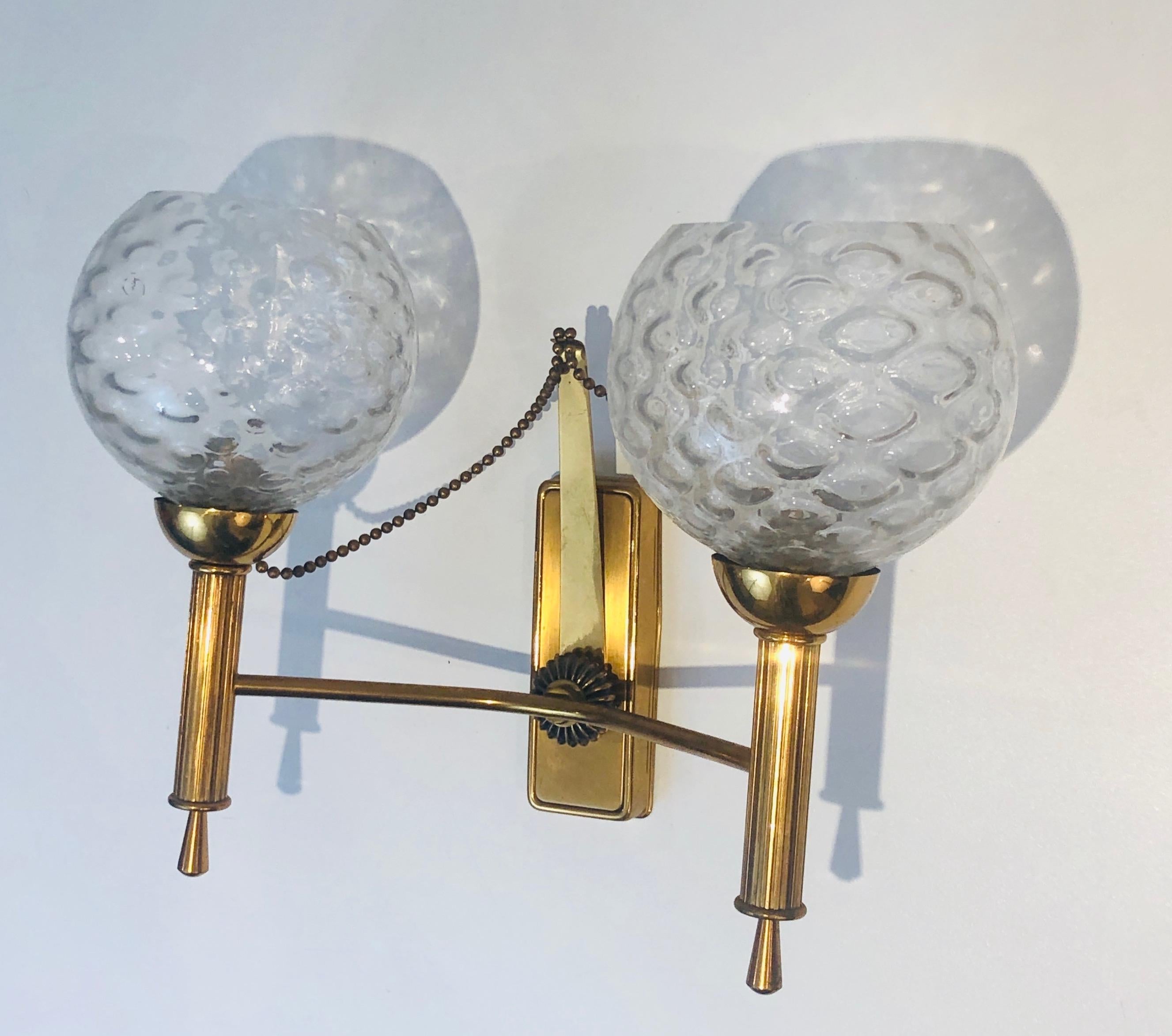 Pair of Brass and Glass Bowls Wall Sconces, French Work, Circa 1970 For Sale 9