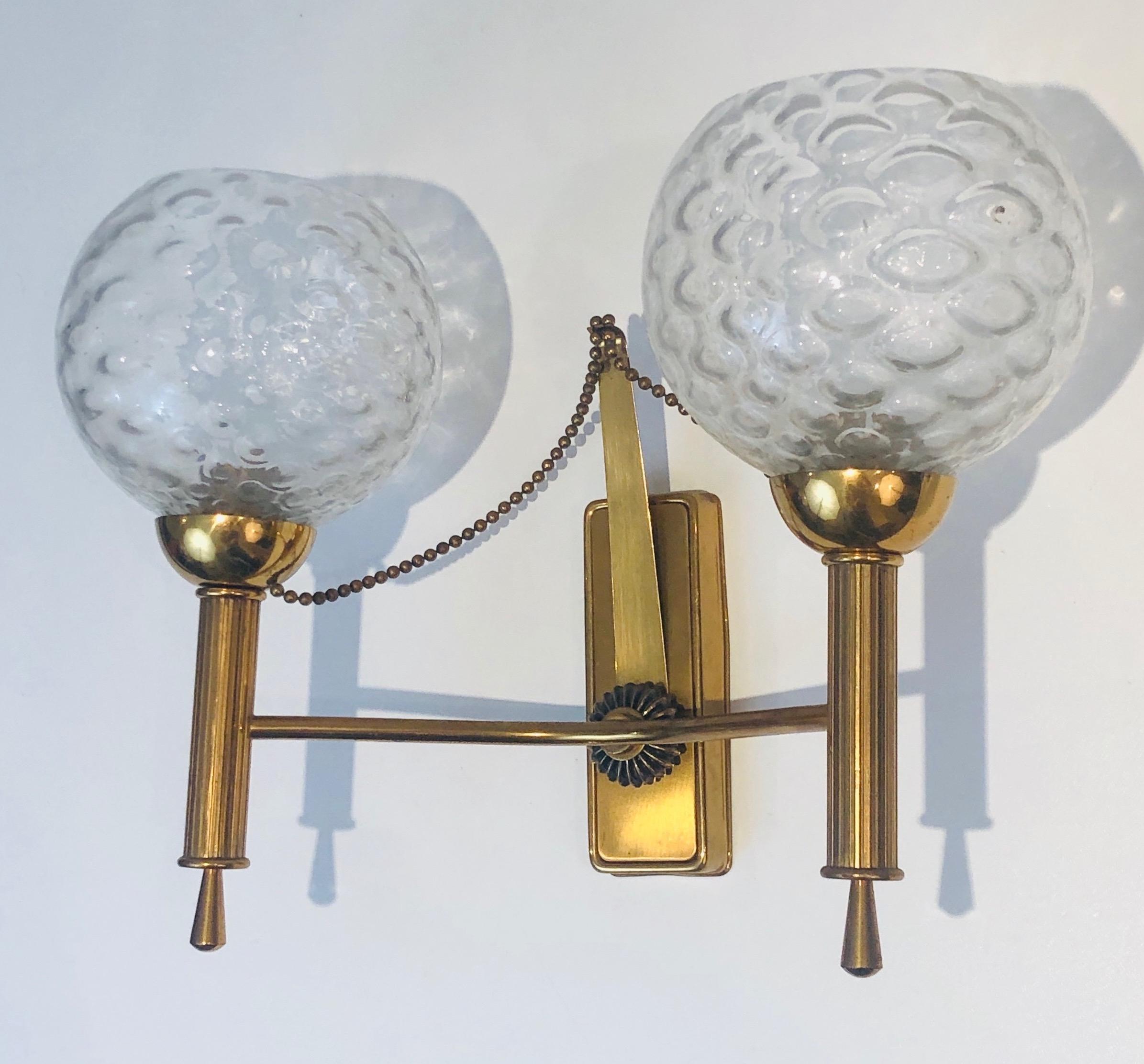 Pair of Brass and Glass Bowls Wall Sconces, French Work, Circa 1970 For Sale 1