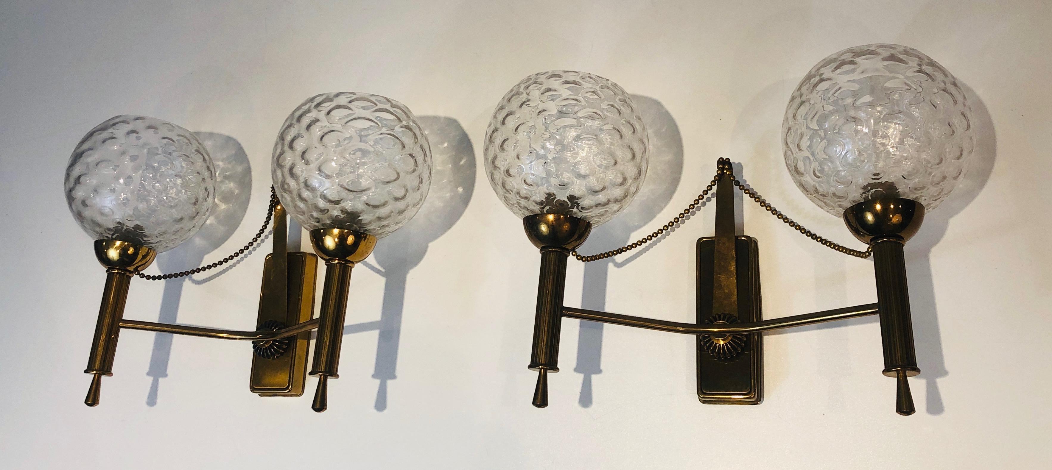 Pair of Brass and Glass Bowls Wall Sconces, French Work, Circa 1970 For Sale 4