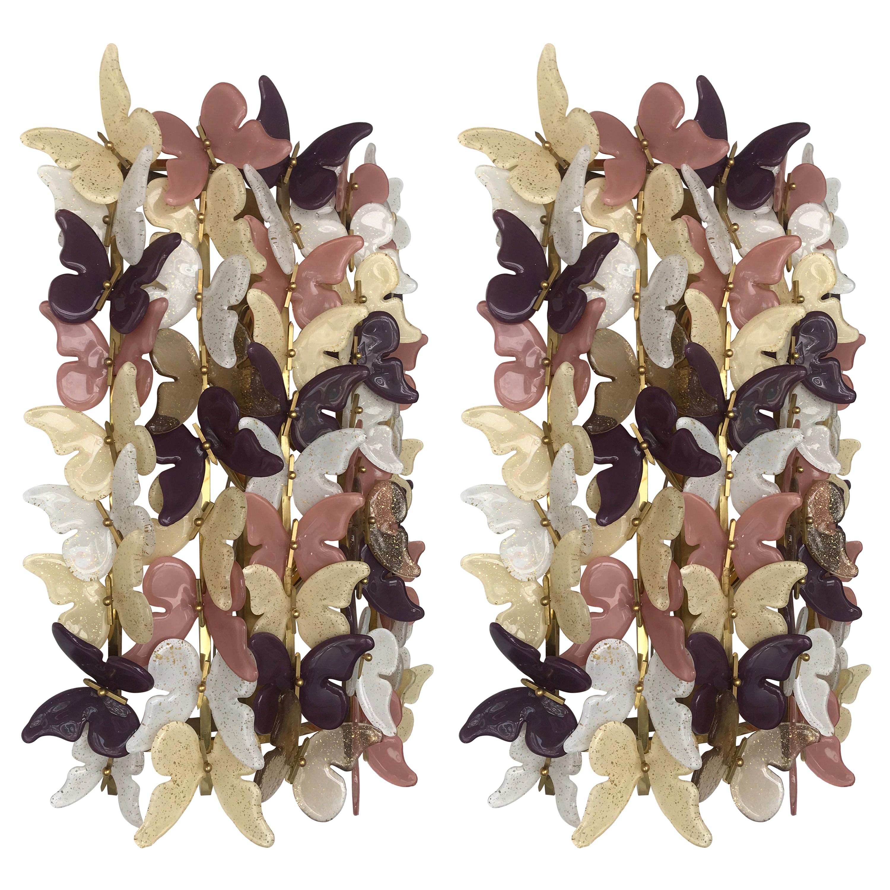 Pair of Brass and Glass Butterfly Sconces with Gold Inclusion