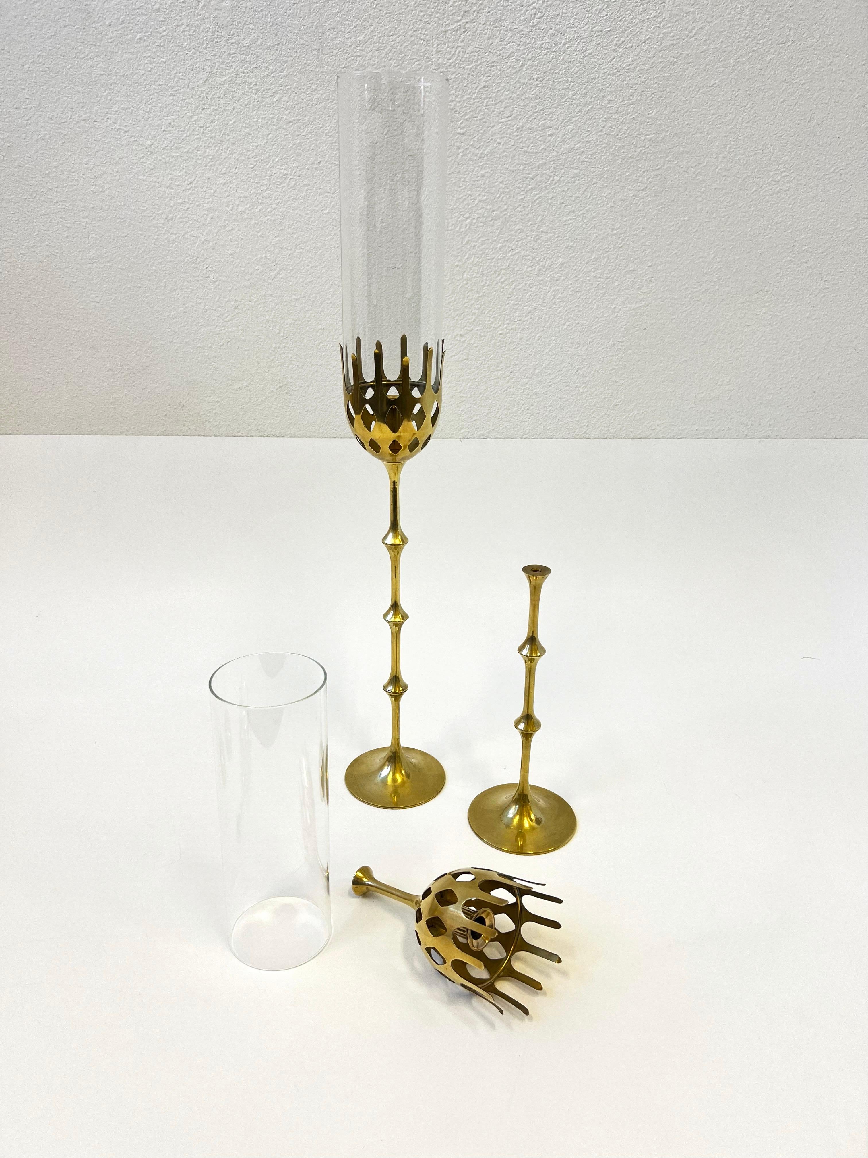 Mid-Century Modern Pair of Brass and Glass Candle Holders by Bijørn Wiinblad  For Sale