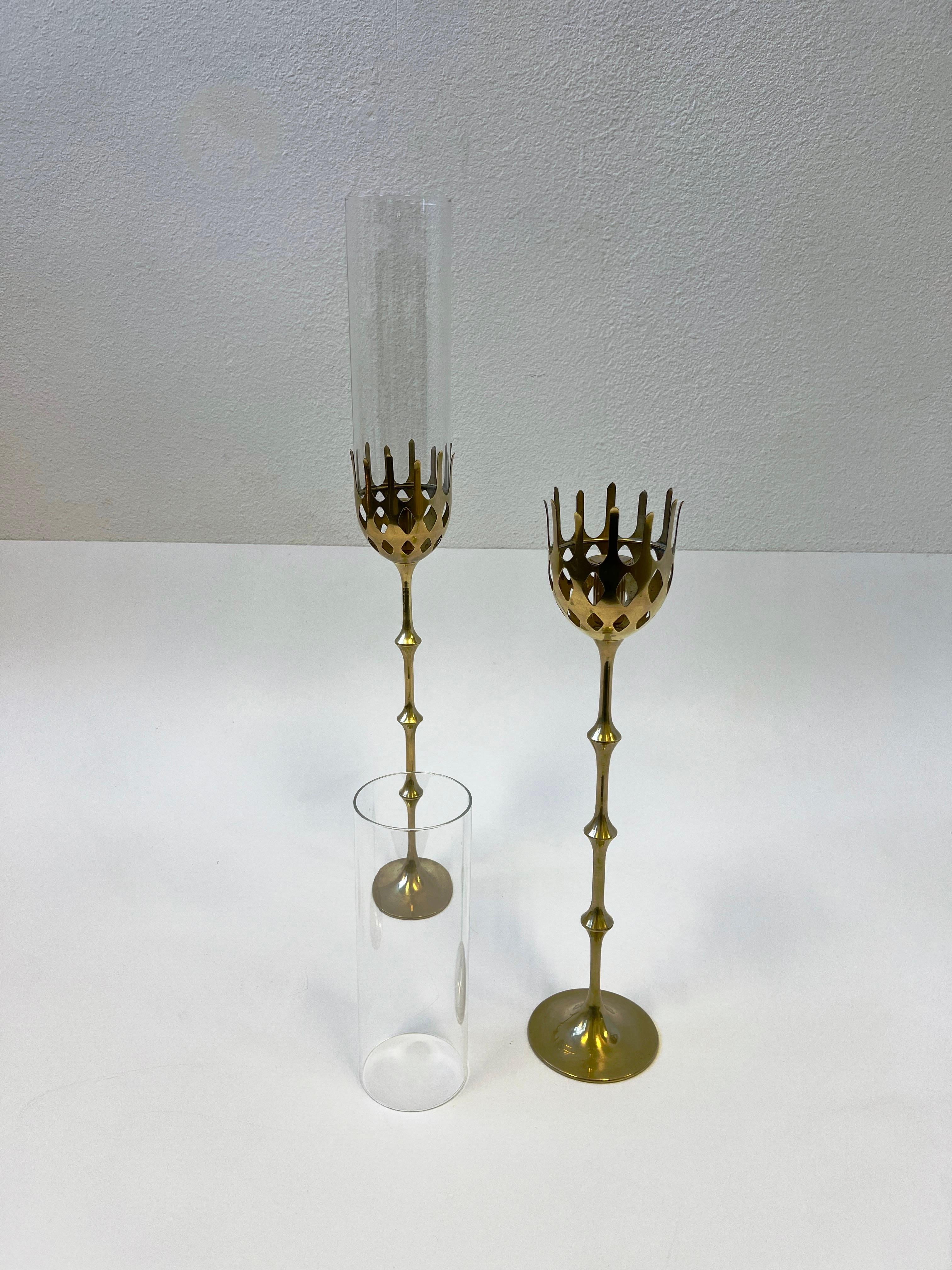 Pair of Brass and Glass Candle Holders by Bijørn Wiinblad  In Good Condition For Sale In Palm Springs, CA