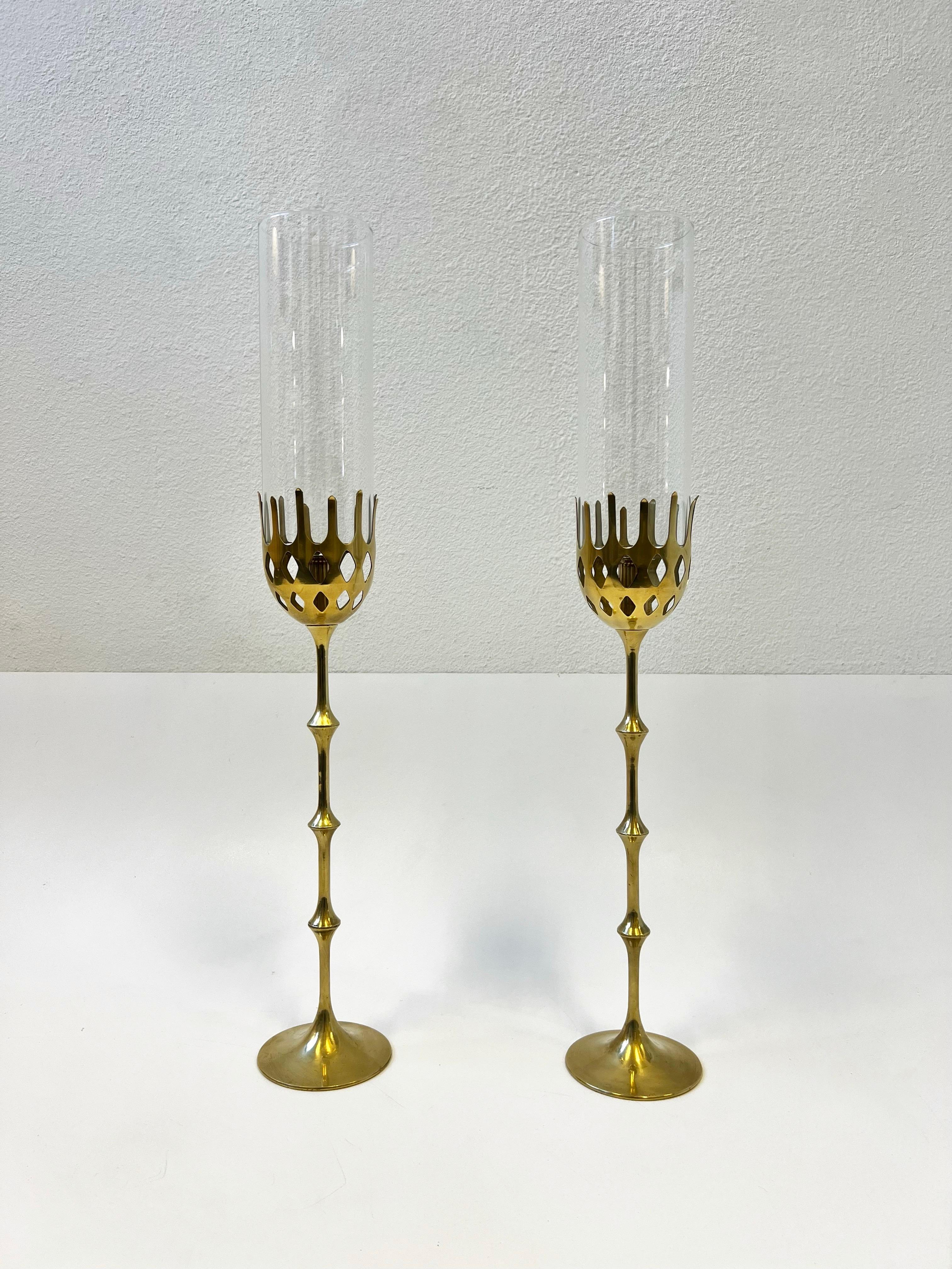 Late 20th Century Pair of Brass and Glass Candle Holders by Bijørn Wiinblad  For Sale