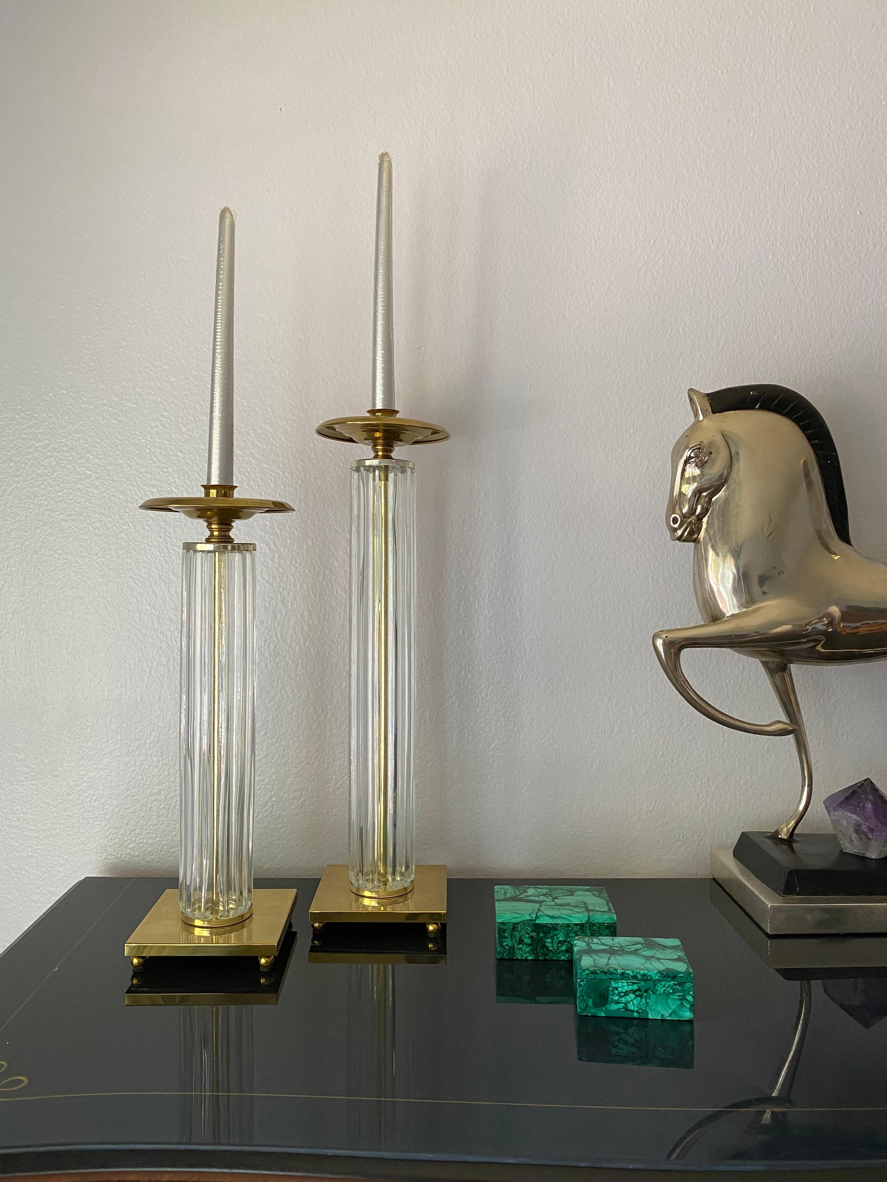 Pair of Brass and Glass Candleholders For Sale 4
