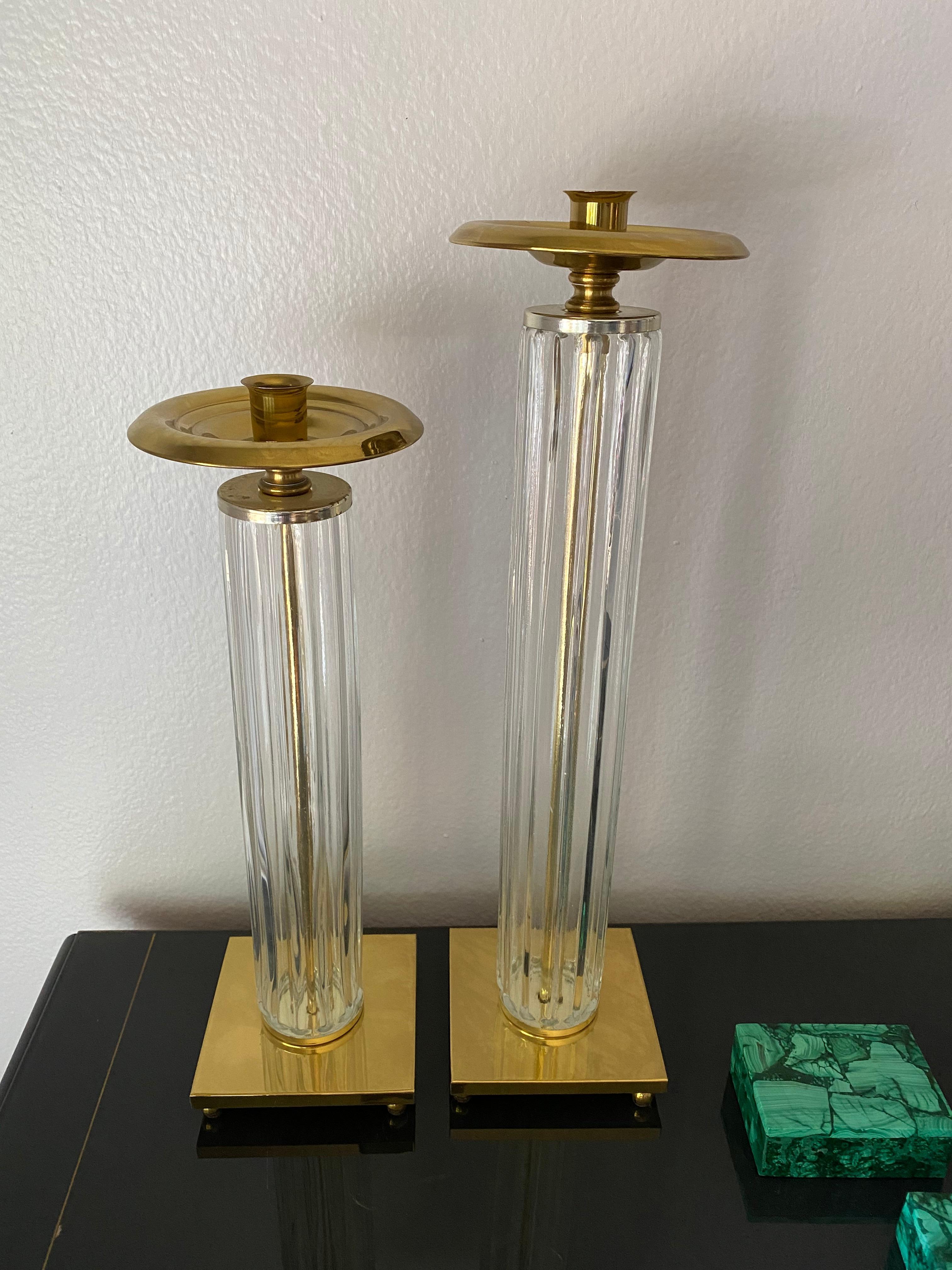 Hollywood Regency Pair of Brass and Glass Candleholders For Sale