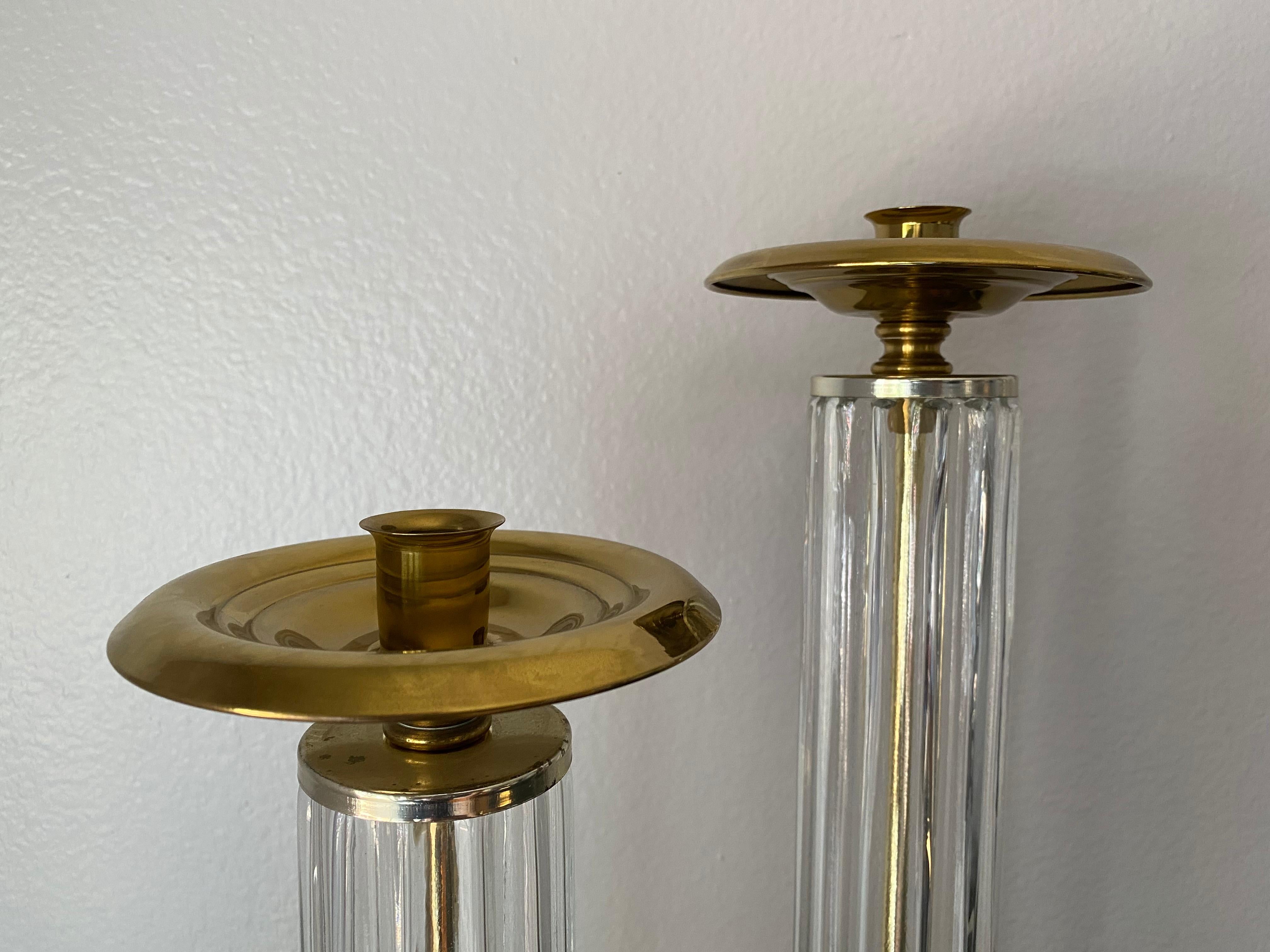 Reeded Glass Pair of Brass and Glass Candleholders For Sale