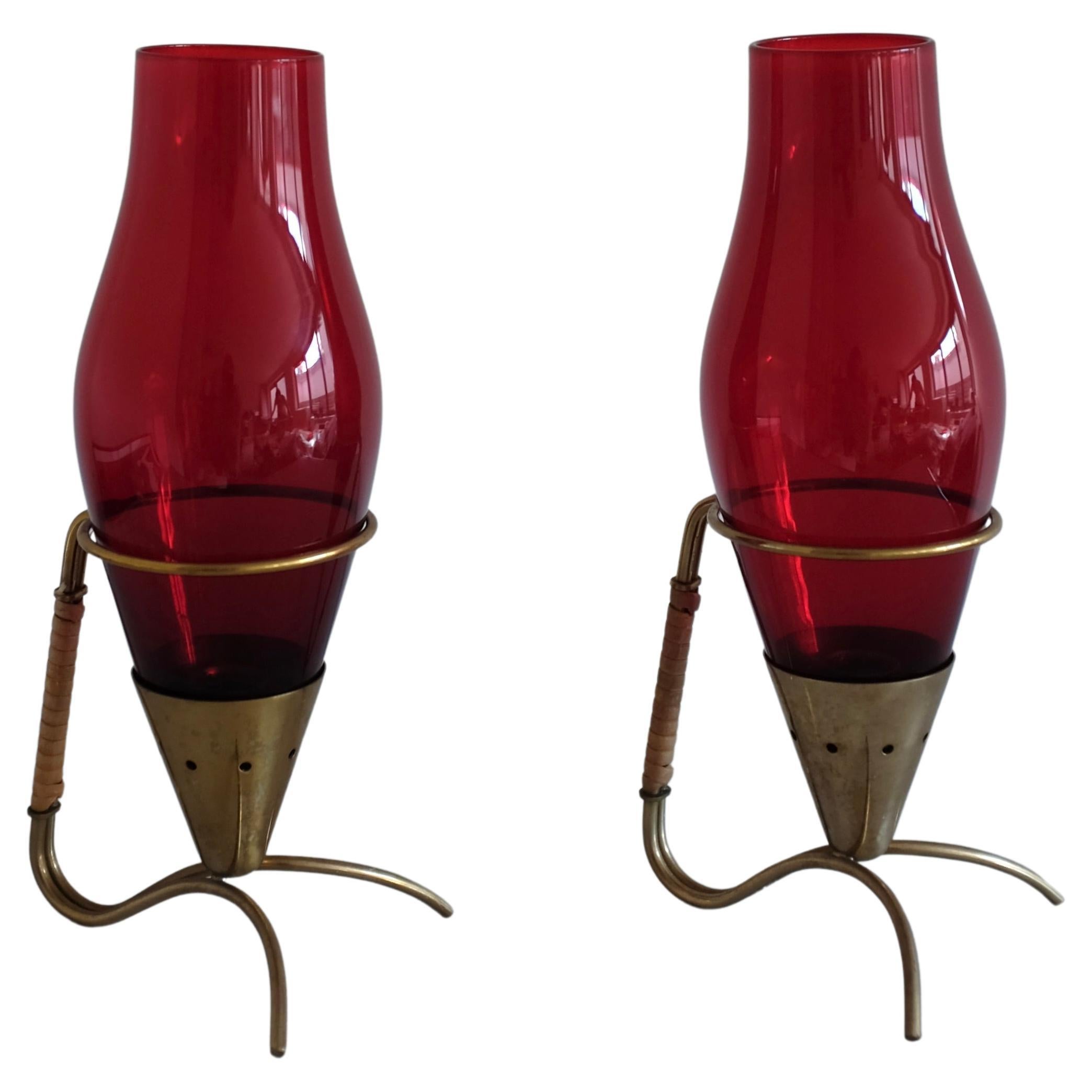 Coppia di candelieri in ottone e vetro di Gunnar Ander