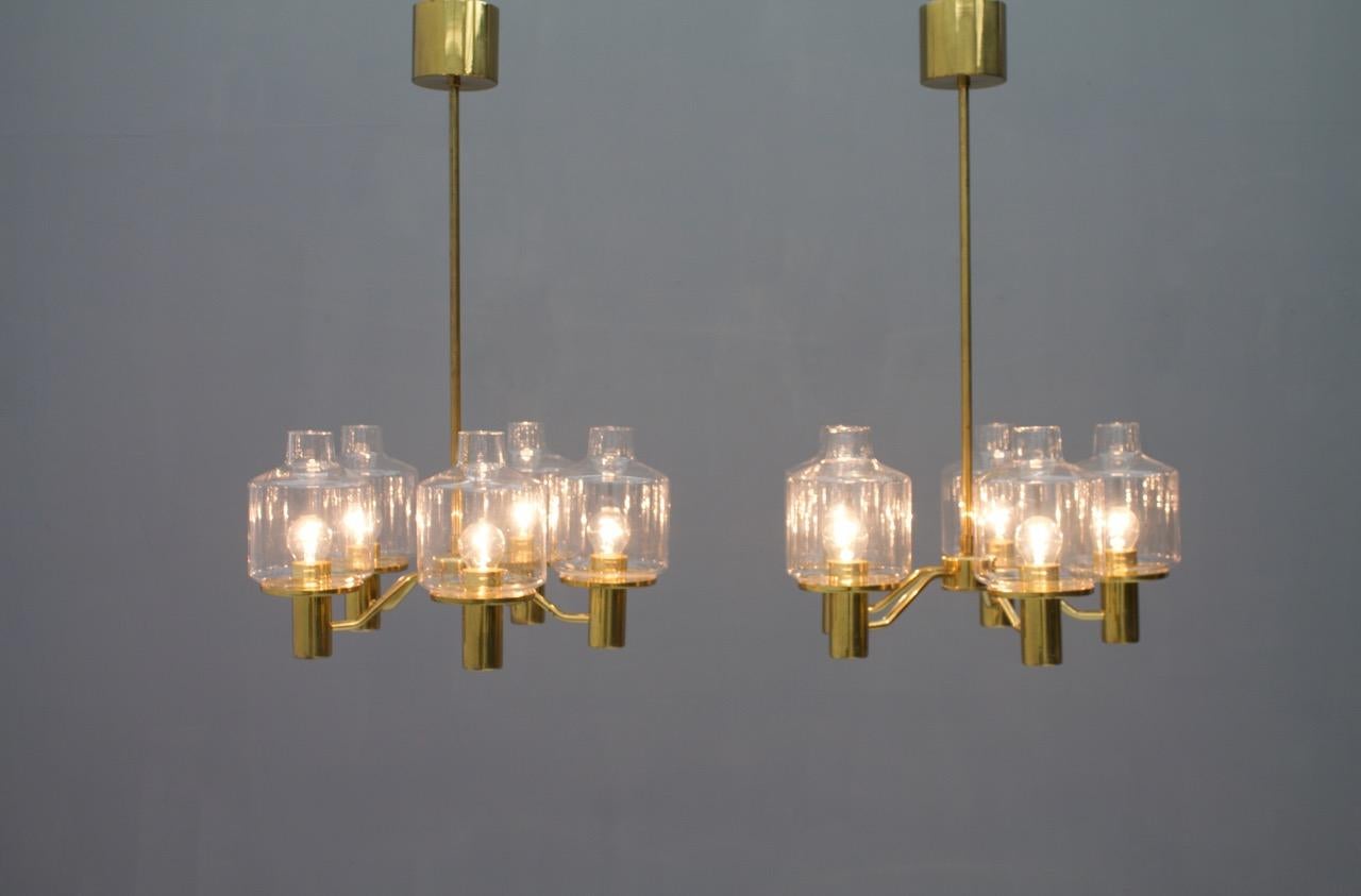 One of Two Brass and Glass Chandelier Pendant by Hans-Agne Jakobsson Sweden 1960 For Sale 7