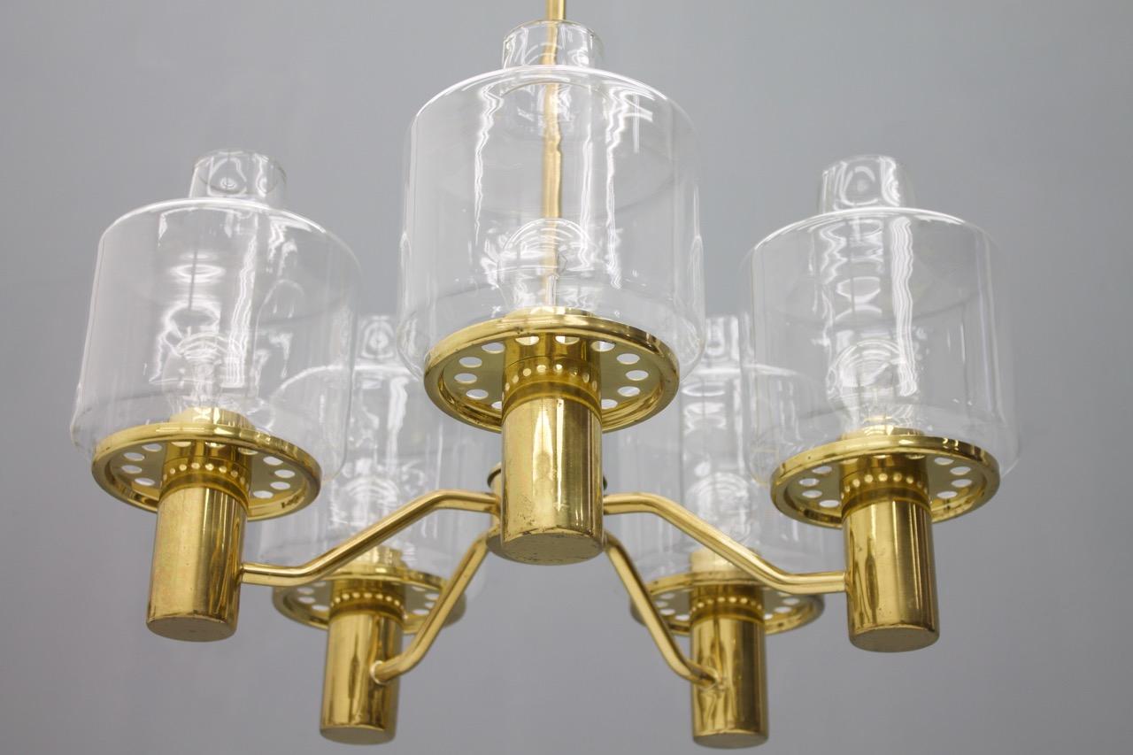 Scandinavian Modern One of Two Brass and Glass Chandelier Pendant by Hans-Agne Jakobsson Sweden 1960 For Sale