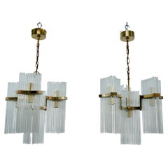 Pair of Brass and Glass Chandeliers by Gaetano Sciolari, Italy, 1970s