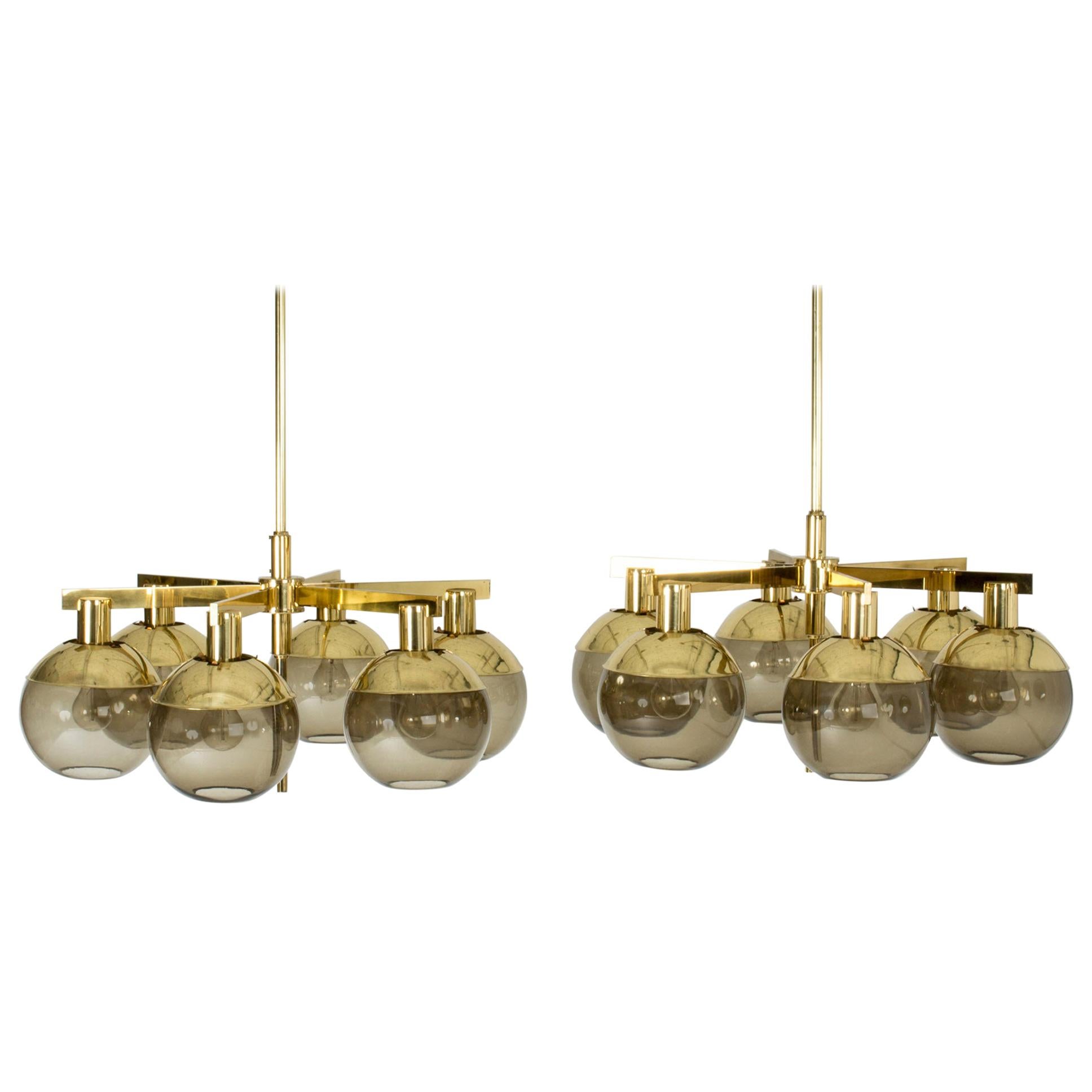Pair of Brass and Glass Chandeliers by Hans-Agne Jakobsson For Sale