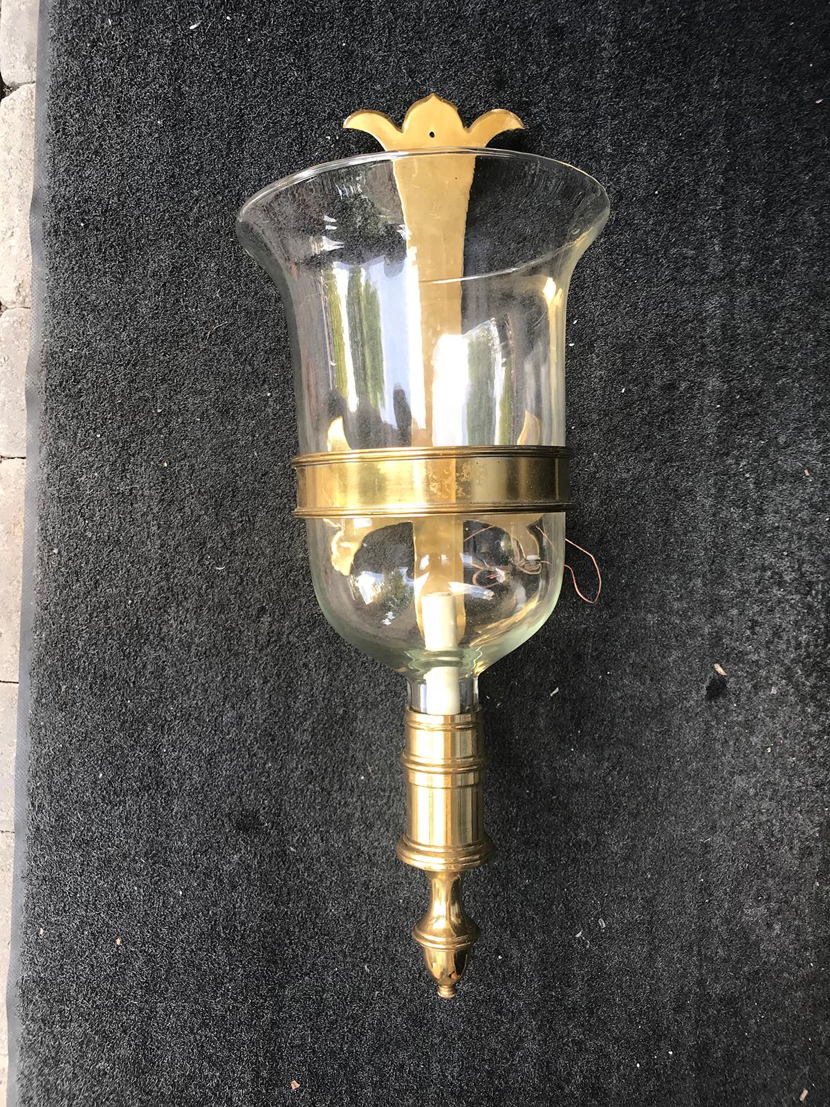 20th Century Pair of Brass and Glass Chapman Hurricane Sconces, circa 1970s